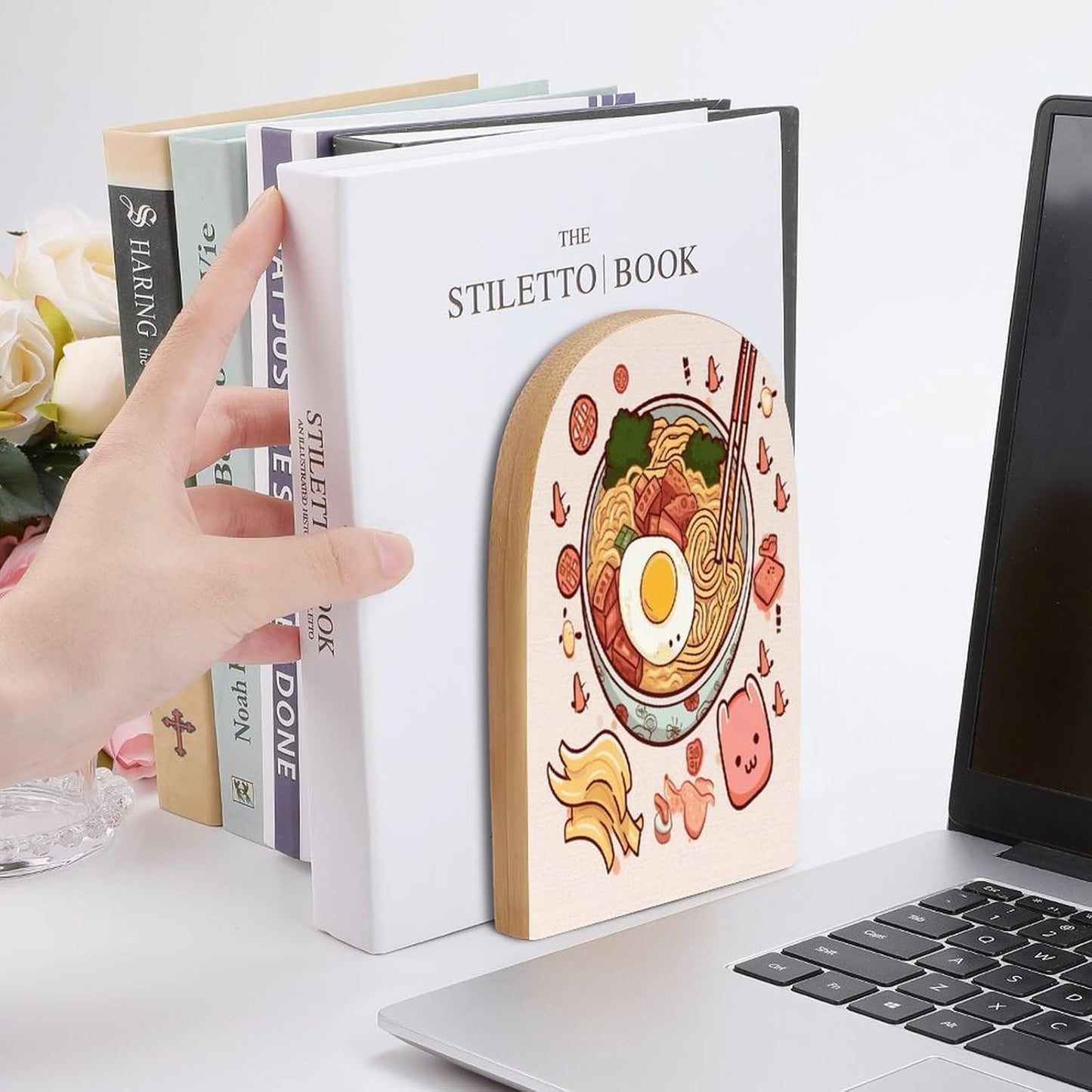 Delicious Sweet Ramen Bookend for Shelves Wooden Book End Large Size Sturdy Book Holders Stoppers with Metal Base for Bookshelves Slick Decorative Bookends Stands