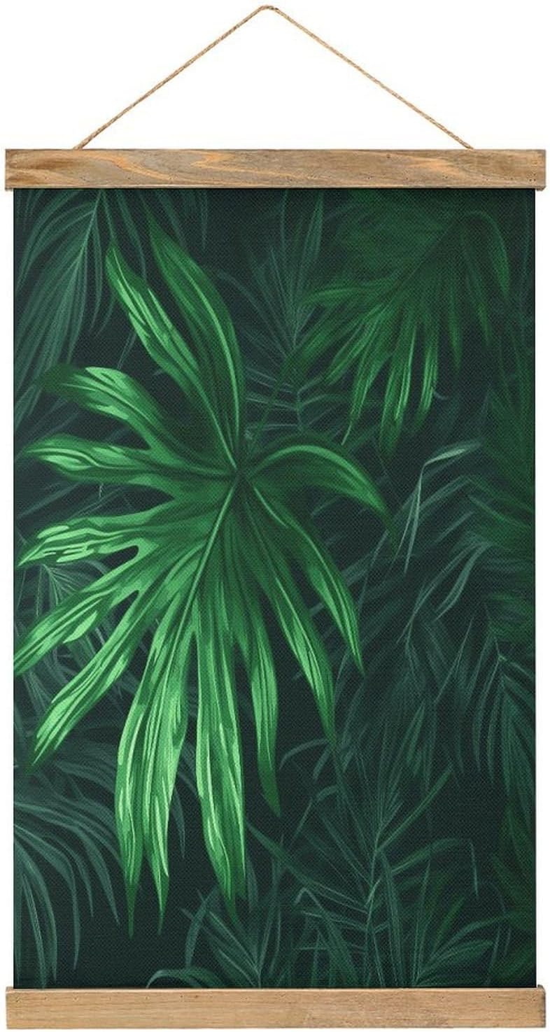 Vintage Green Tropical Jungle Plant Poster with Wooden Frame Personalized Linen Hanging Scroll Painting Rustic Wall Hanging Illustrative Modern Artwork Decor for Home Living Room Bedroom Office