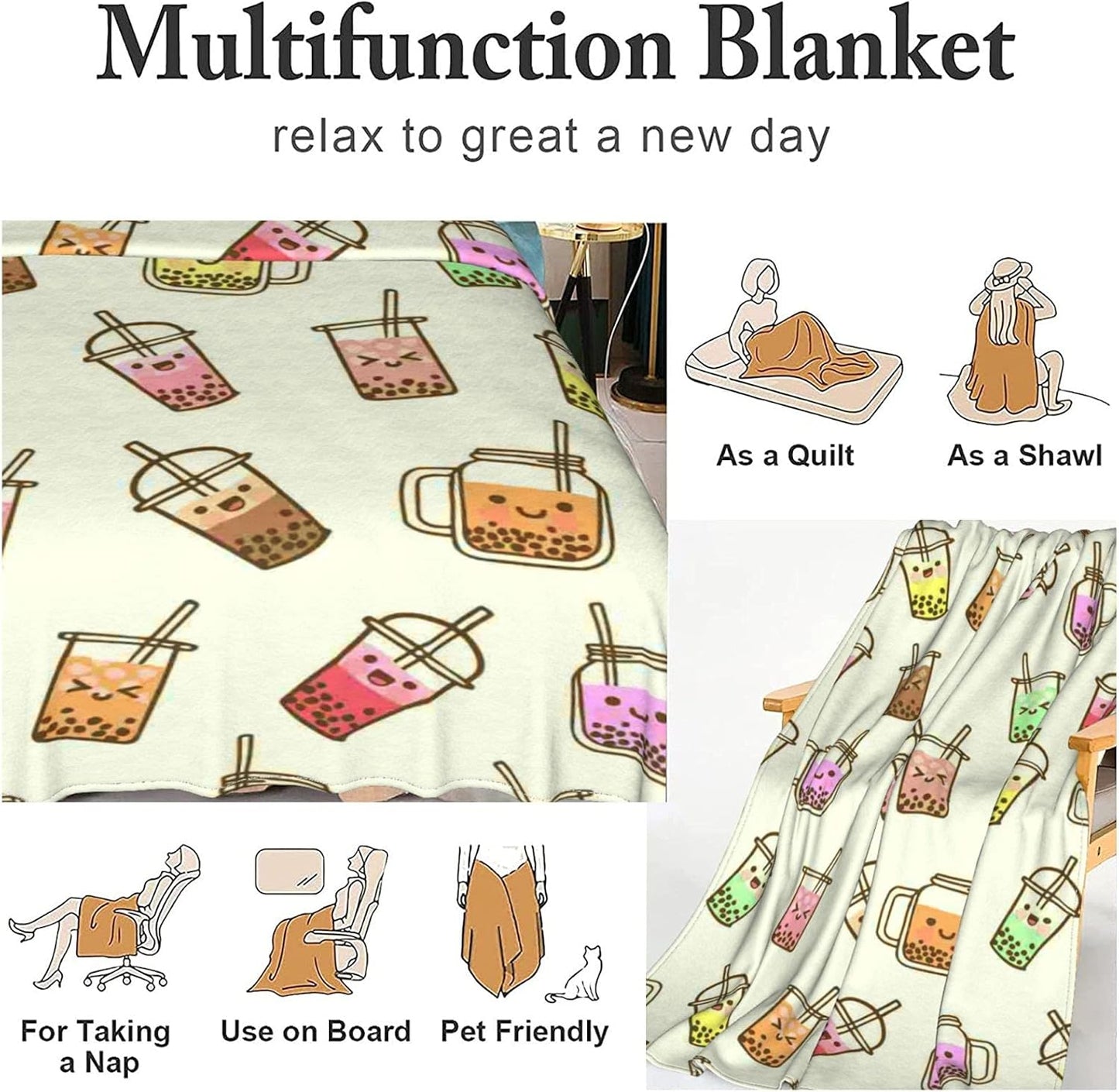 Boba Bubble Tea Blanket Kawaii Smiled Drinks with Tapioca Pearls Throw Blanket for Kids Girls, Ice Milk Tea Cozy Flannel Blanket Soft Lightweight Fluffy Sofa Plush Fleece Blanket 60"x50"