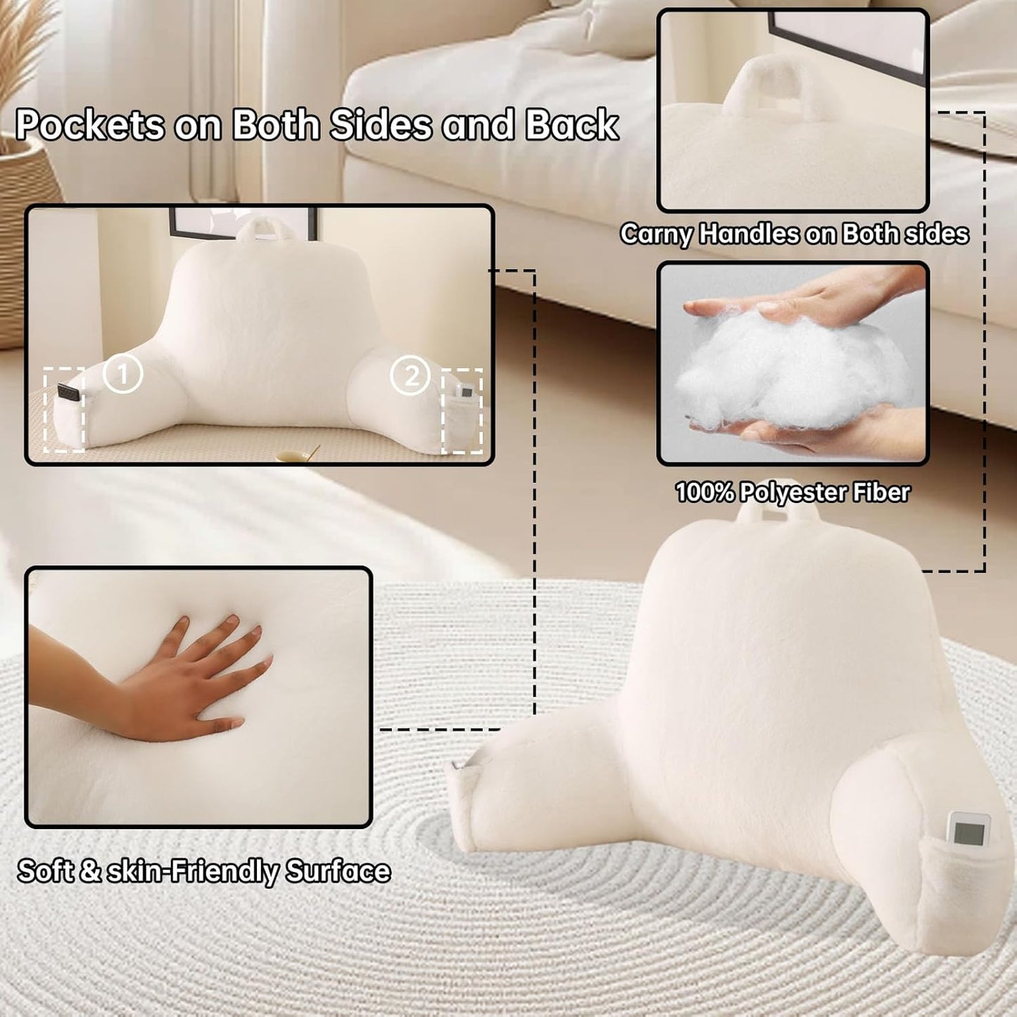 Back Pillow for Bed Sitting Up,Large Backrest Reading Pillow with Arm Rest,Back Rest Support Cushion for Sitting Up on Couch,Sofa,Floor,Dorm Essentials(White Faux Fur,Standard(17"))