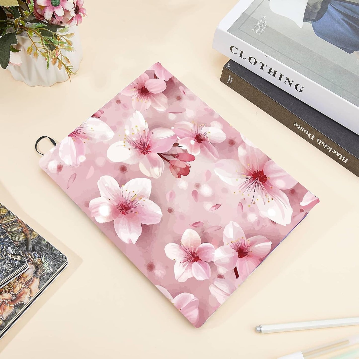 CRASPIRE Cherry Stretchable Book Cover Sakura Flower Washable Reusable Large Nylon Book Protector Elastic Notebook Wraps Suitable for Hardcover Books Classroom Students