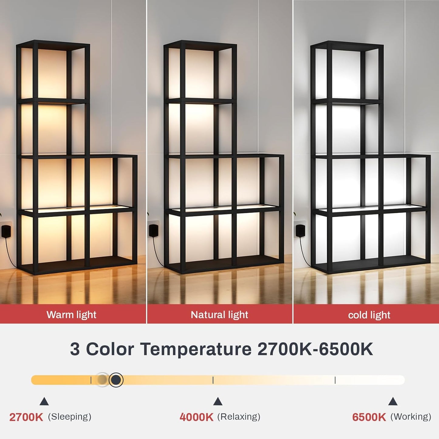 Display Shelf with LED Light Standing Floor Lamp with Glass Storage Shelves for Collectibles, 5 Tier Tall Corner Shelf Open Curio Cabinet for Living Room, Bedroom, Office, Home Decor