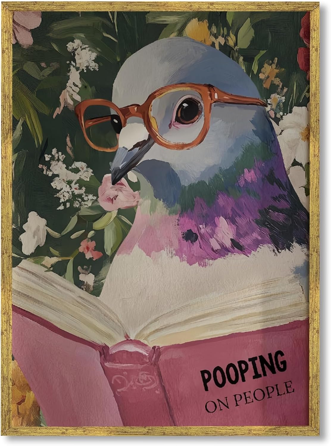 Humorous Pigeon Reading Poster Bathroom Wall Art Quirky Wall Decor Cheeky Animal Canvas Print For Bathroom Office Library8x10inch Golden frame