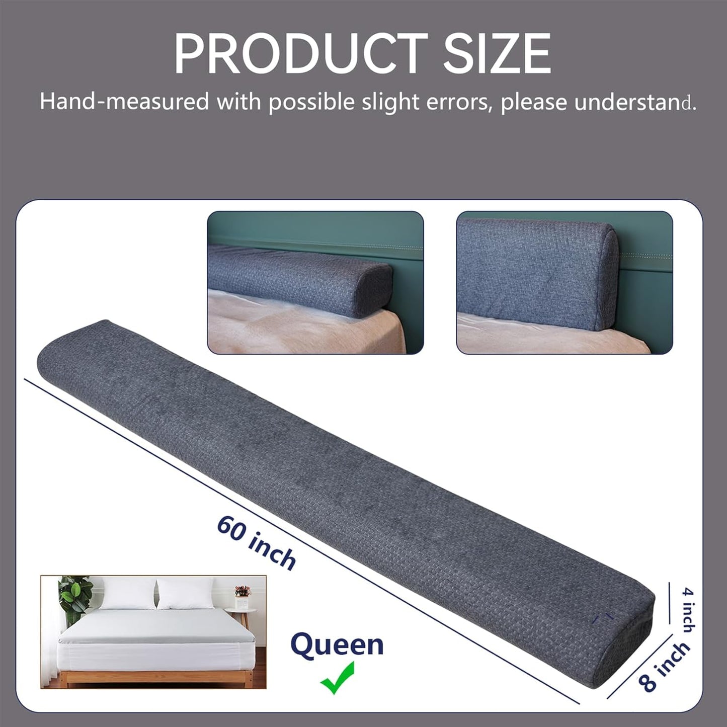 Bed Wedge Pillow for Headborad Bed Wedge Pillow for Queen Bed Matterss Gap Filler, Multi Functional Bed Crack Long Pillow, Fill The Gap (0-8") Between Headboard and Mattress, Gray (Queen (60"x8"x4)