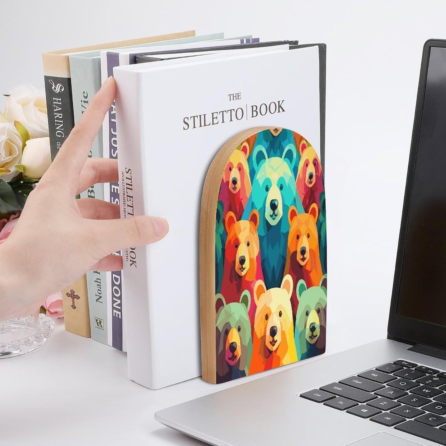 Non-Slip Bookend for Shelves Colorful Bears Wooden Bookends with Metal Base Decorative Book Stopper for Home Heavy Duty Wood Book Storage for Books/CDs