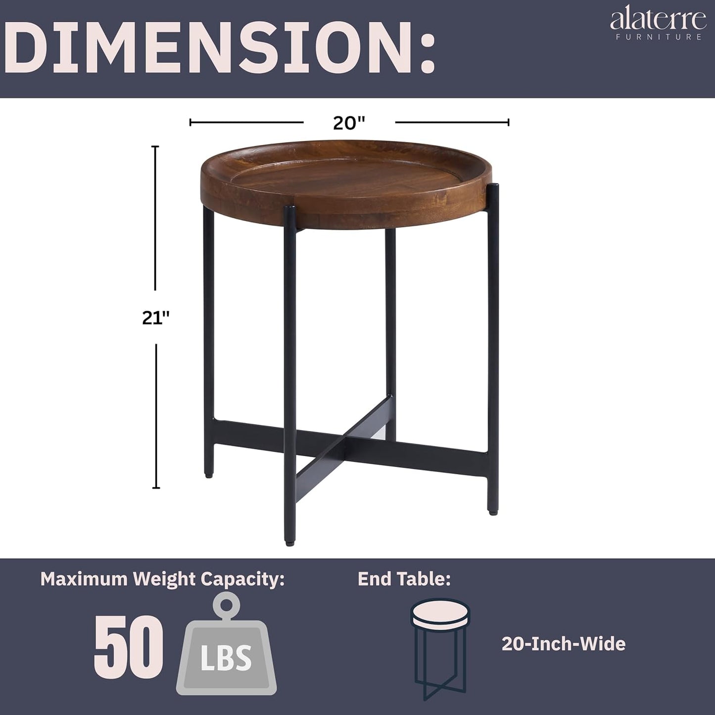 Brookline 20" Round Wood End Table – Solid Top with Tray Edge and Black Metal Legs – Rustic Farmhouse Accent Table for Living Room, Bedroom, or Small Spaces by Alaterre Furniture (Medium Chestnut)