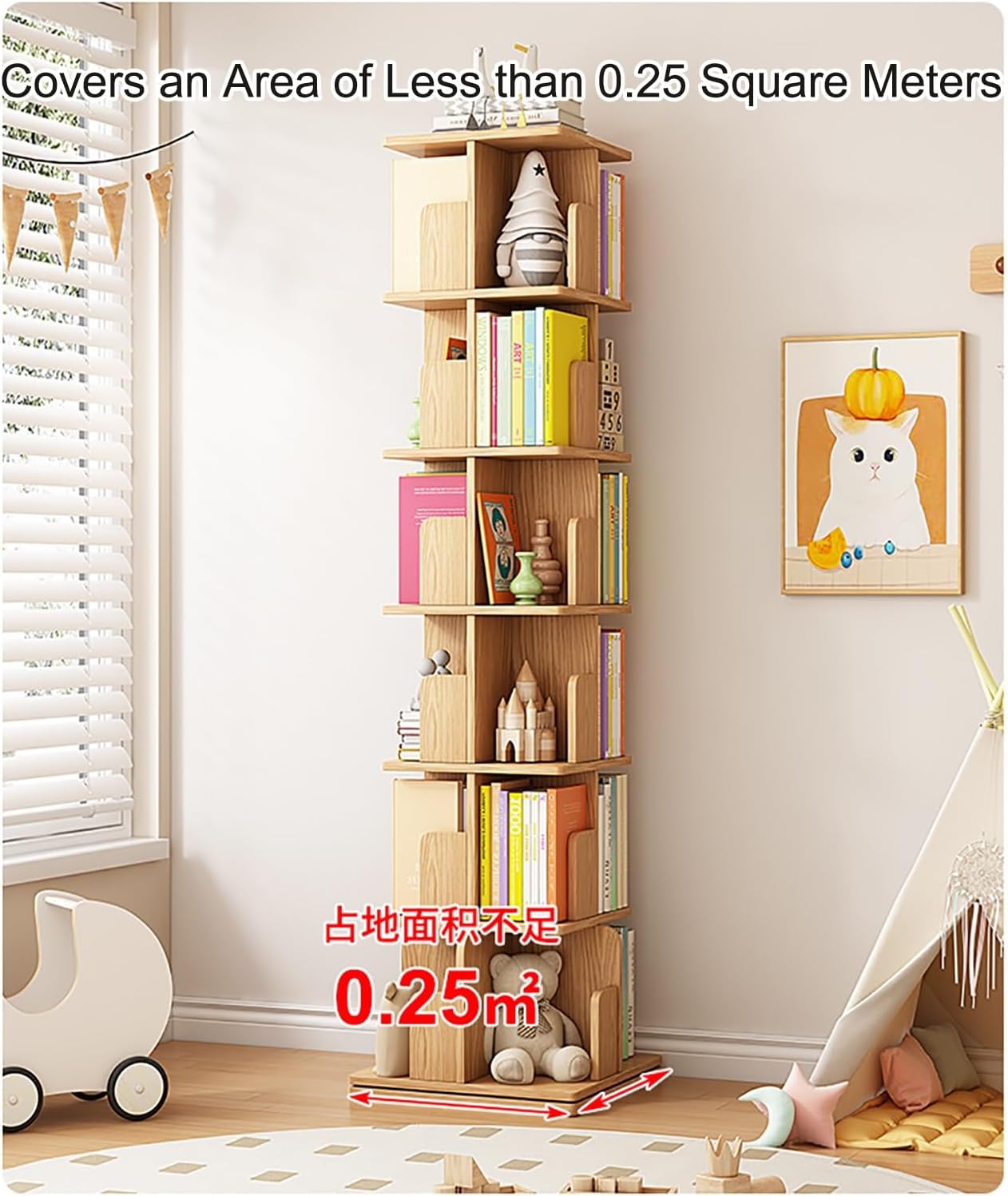 360° Rotating Bookshelf, 2-Tier Floor-to-Ceiling Bookcase, Open Standing Shelf for Bedroom, Office & Living Room Storage Solution, Modern Design, Space-Saving Organizer