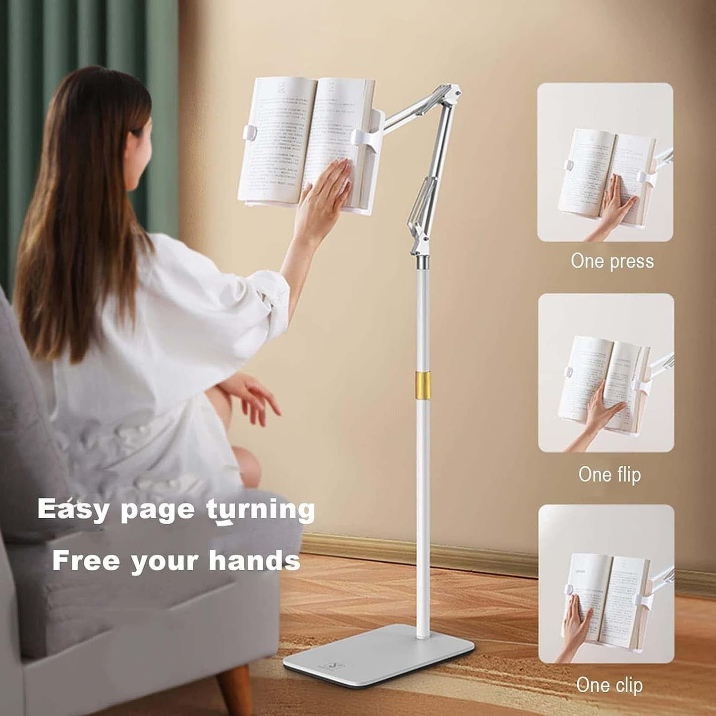 Book Holders for Reading Hands Free, Height Adjustable Cookbook Stand with Book Clip, Angle Adjustable Foldable Tablet Holder (Off White)