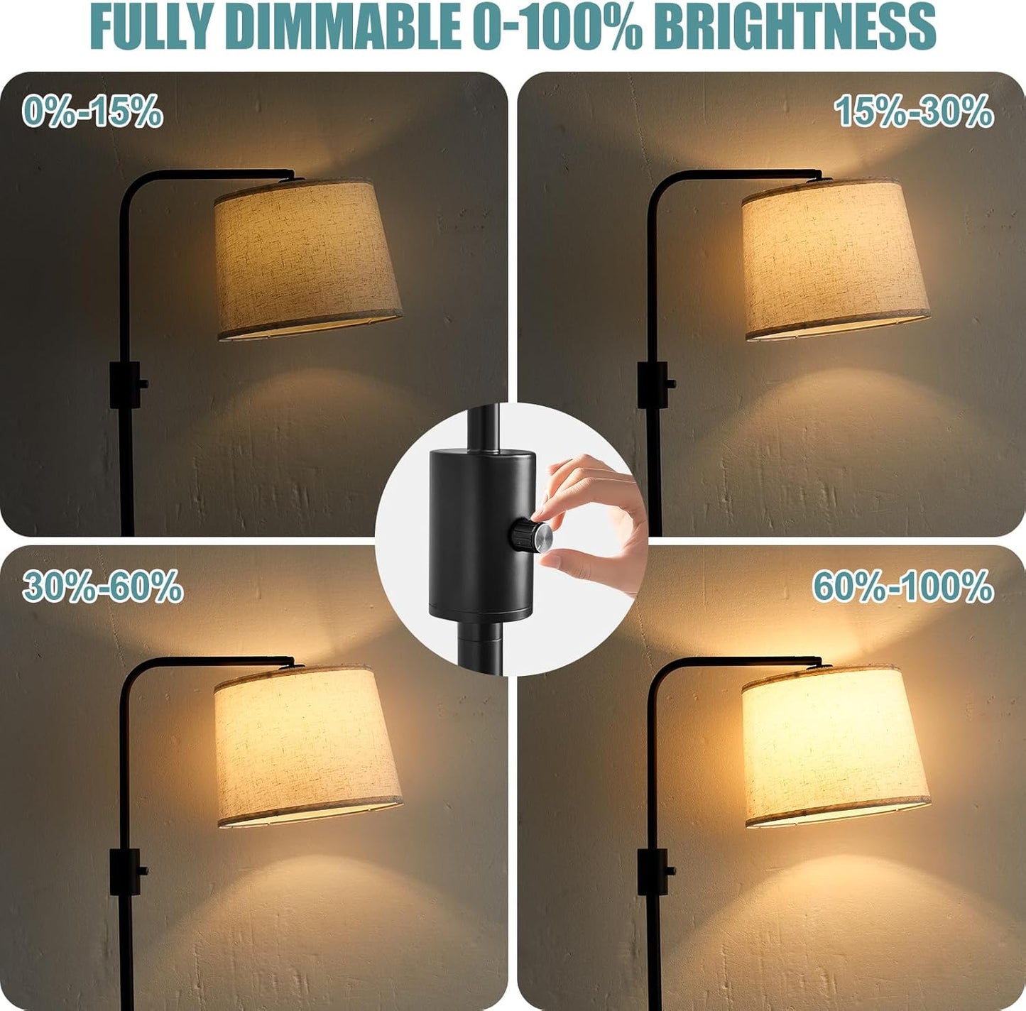 Corner Floor Lamp with Table, Black Modern Standing Lamp with Shelf, Dimmable Arc Tall Side Table with Lights for Living Room Bedroom Office with Adjust Head, Rotary Switch，LED Bulb Included