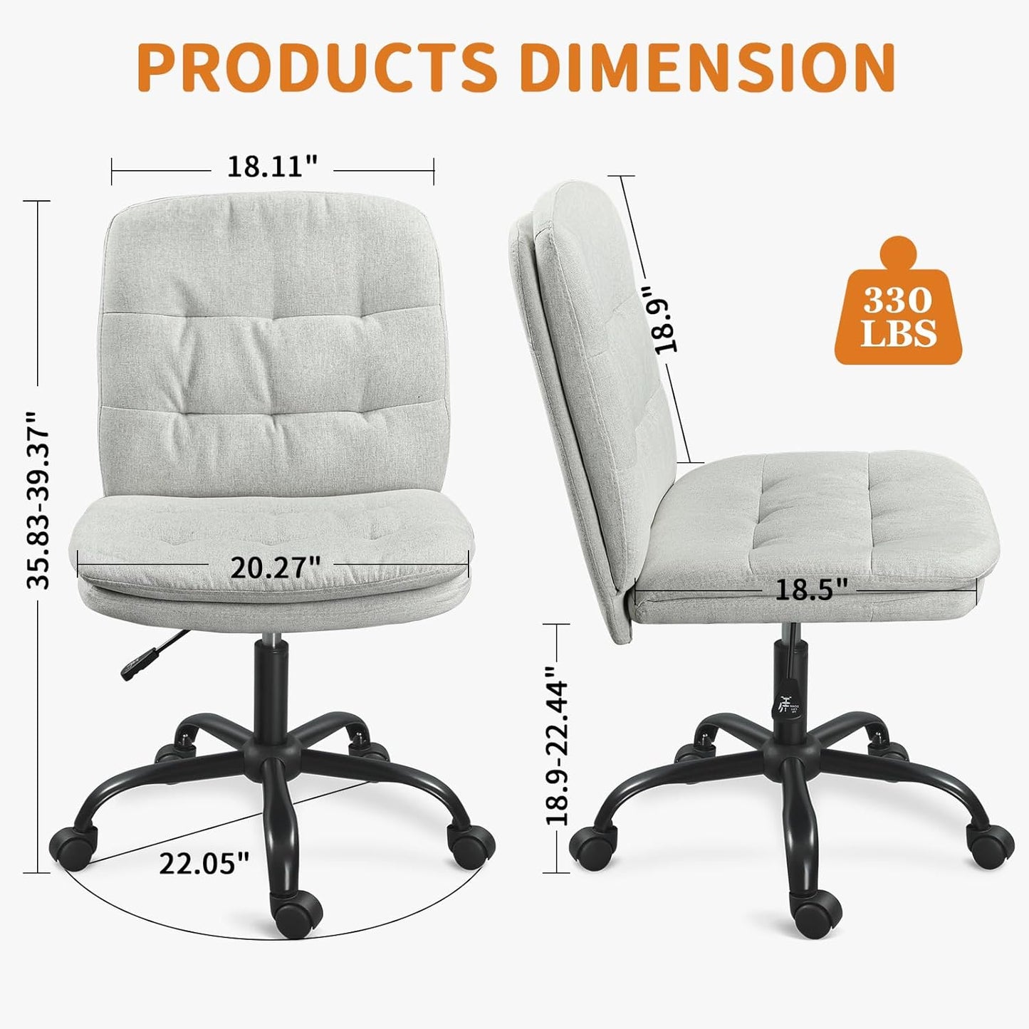 Home Office Desk Chair Comfy - Armless Criss Cross Chair with Wheels Vanity Chair Office Chairs Rolling Swivel Height Adjustable for Adults - Light Grey