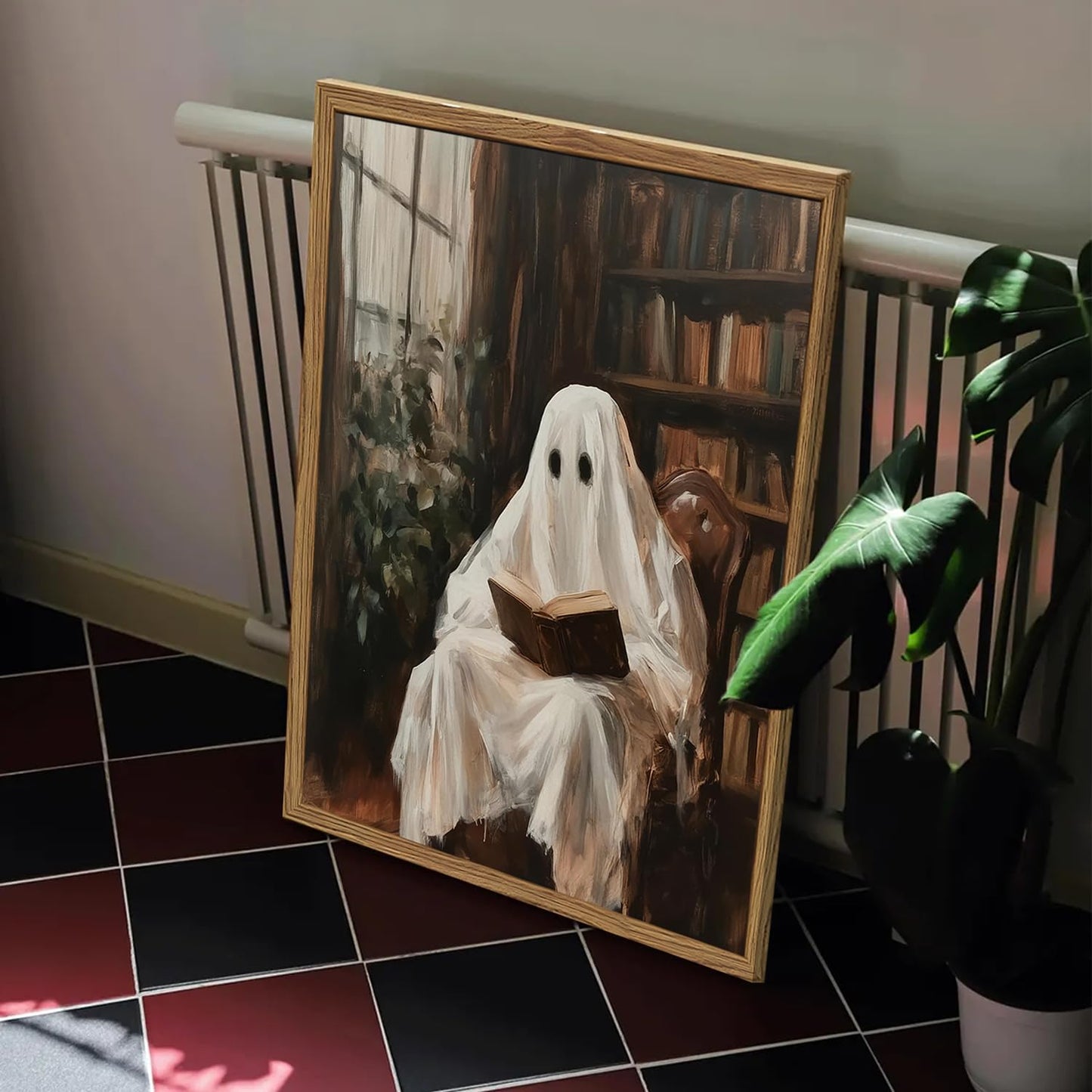 Framed Halloween Ghost Reading Book Canvas Wall Art, Vintage Dark Academia Horror Ghost Pictures Wall Decor Paintings, Gothic Moody Spooky Library Prints for Living Room Bedroom Office Dorm 12x16 inch