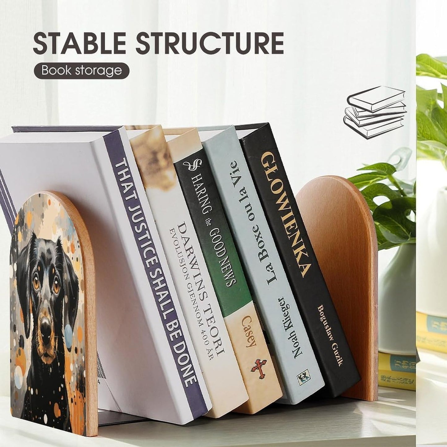 Colorful Polka Dots and Dog Bookend for Shelves Wooden Book End Large Size Sturdy Book Holders Stoppers with Metal Base for Bookshelves Slick Decorative Bookends Stands