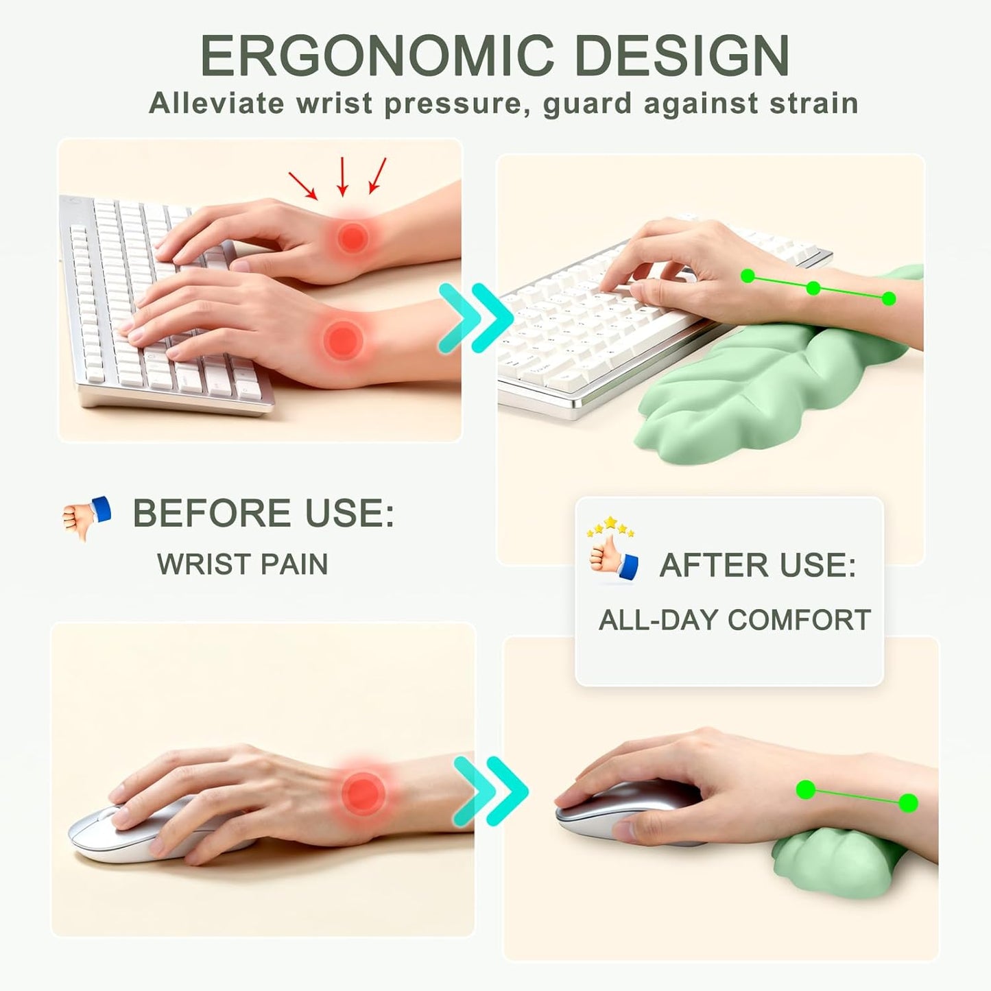 Ergonomic Leaf Keyboard and Mouse Wrist Rest Set, Extra Wide & Thick Memory Foam for Carpal Tunnel Pain Relief, Non-Slip Base, PC/Mac/Laptop, Gift for Office Work, Gaming
