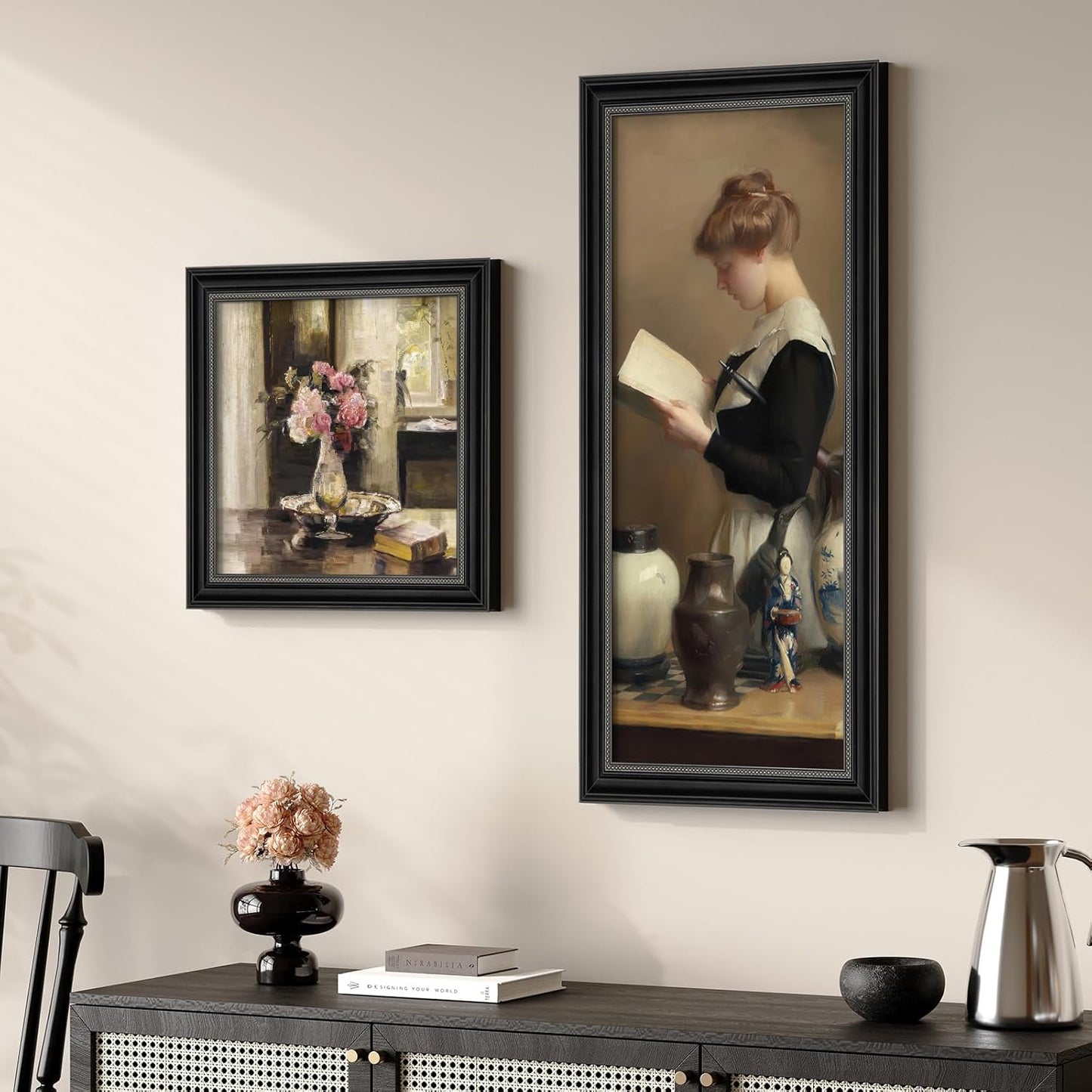 Framed Vintage Wall Art for Bedroom, 2 Piece Neutral Mid Century Modern Aesthetic Canvas Painting Prints, Victorian French Country Floral Woman Peaceful Portrait Artwork for Office Dining Room Decor