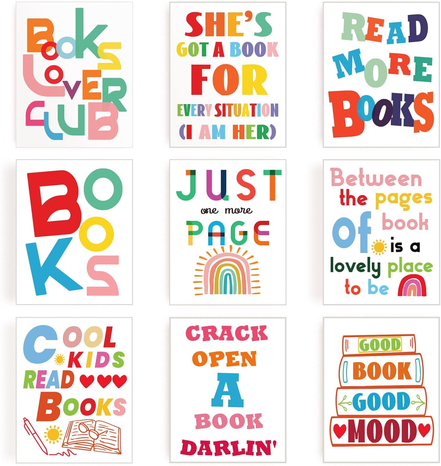 INFUNLY 9 Set Reading Quotes Wall Art Print 8x10Inch Motivational Words Poster Pictures Artistic Alphabet Canvas Wall Art Unframed Book Quotes Prints Sticker for Study Room Classroom Library Decor