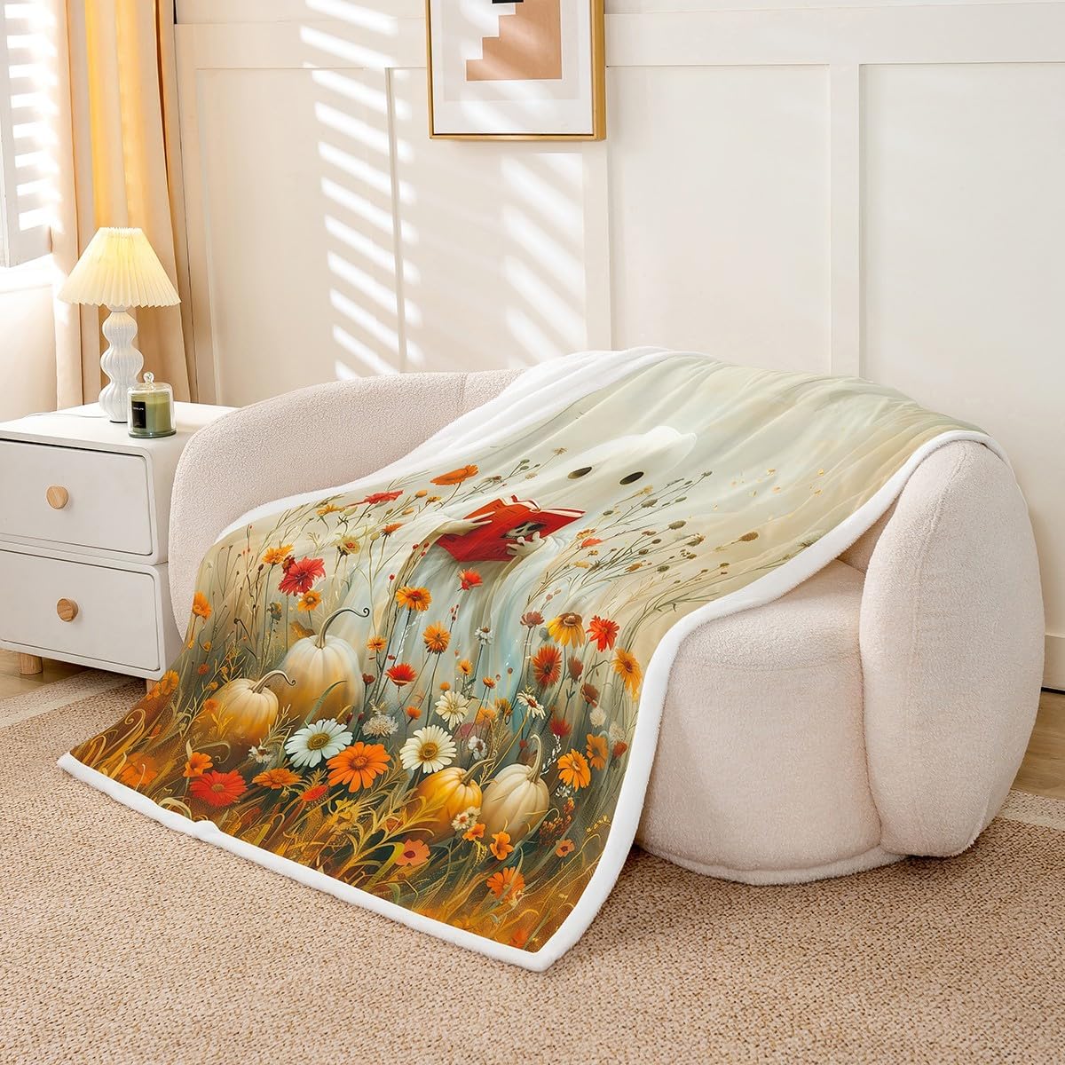 Manfei Reading Ghost Throw Blanket Autumn Pumpkins Flower Fleece Blanket Cute Halloween Theme Cozy Throws for Bed Couch Sofa,Kids Boys Girls Room Decor,Soft and Breathable(60 x 80 Inches)
