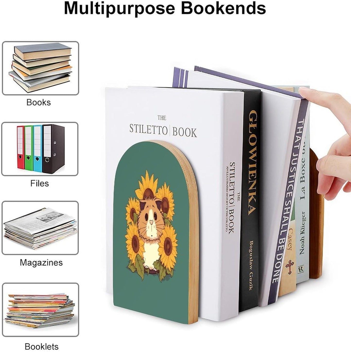 Non-Slip Bookend for Shelves Sunflower Hamster Cartoon Wooden Bookends with Metal Base Decorative Book Stopper for Home Heavy Duty Wood Book Storage for Books/CDs