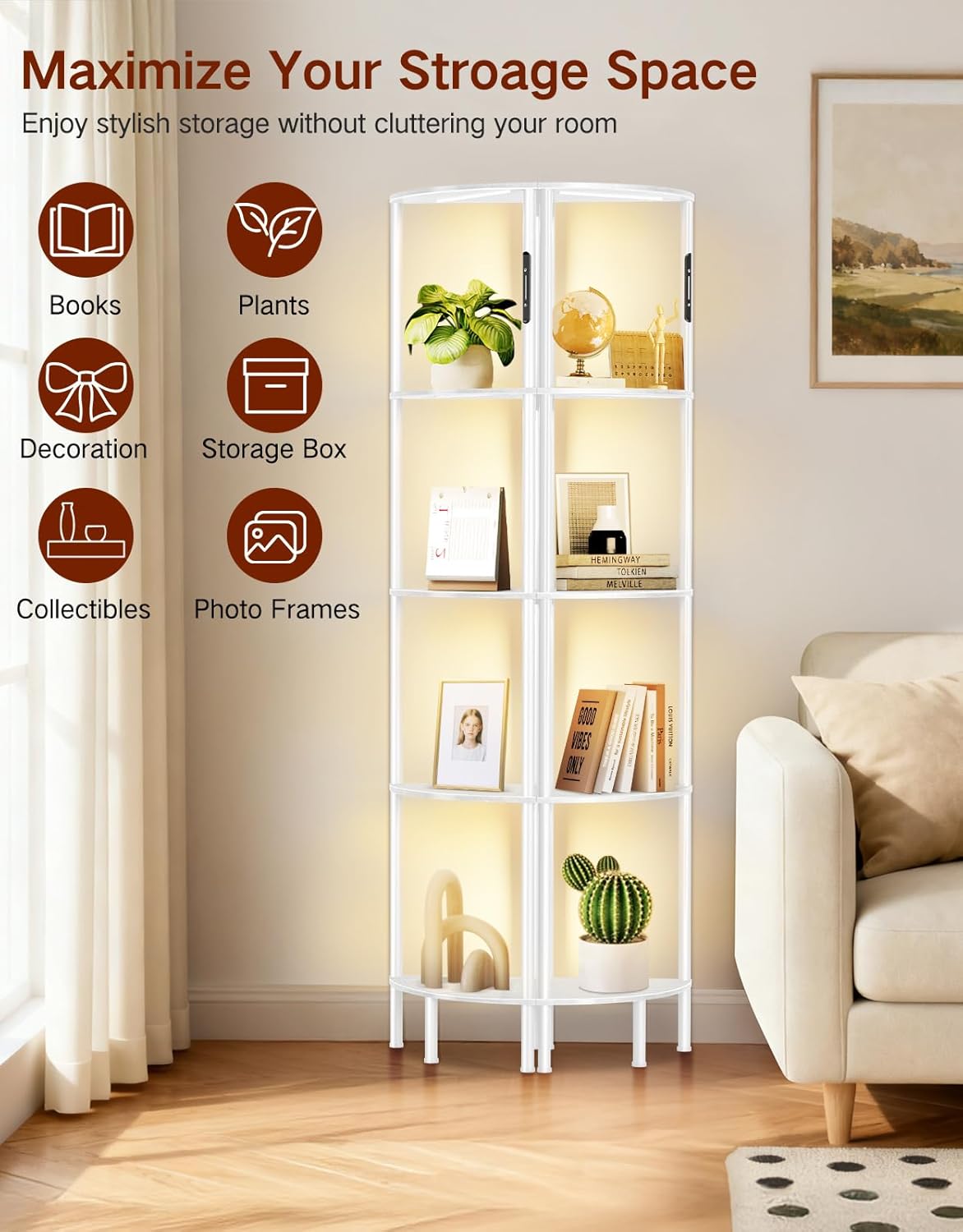 5-Tier Corner Bookshelf with LED Lights, Touch & Remote Control, 3 Color Temperatures, Dimmable Narrow Display Shelf with 1-Hour Timer for Living Room, Bedroom, Office (White)