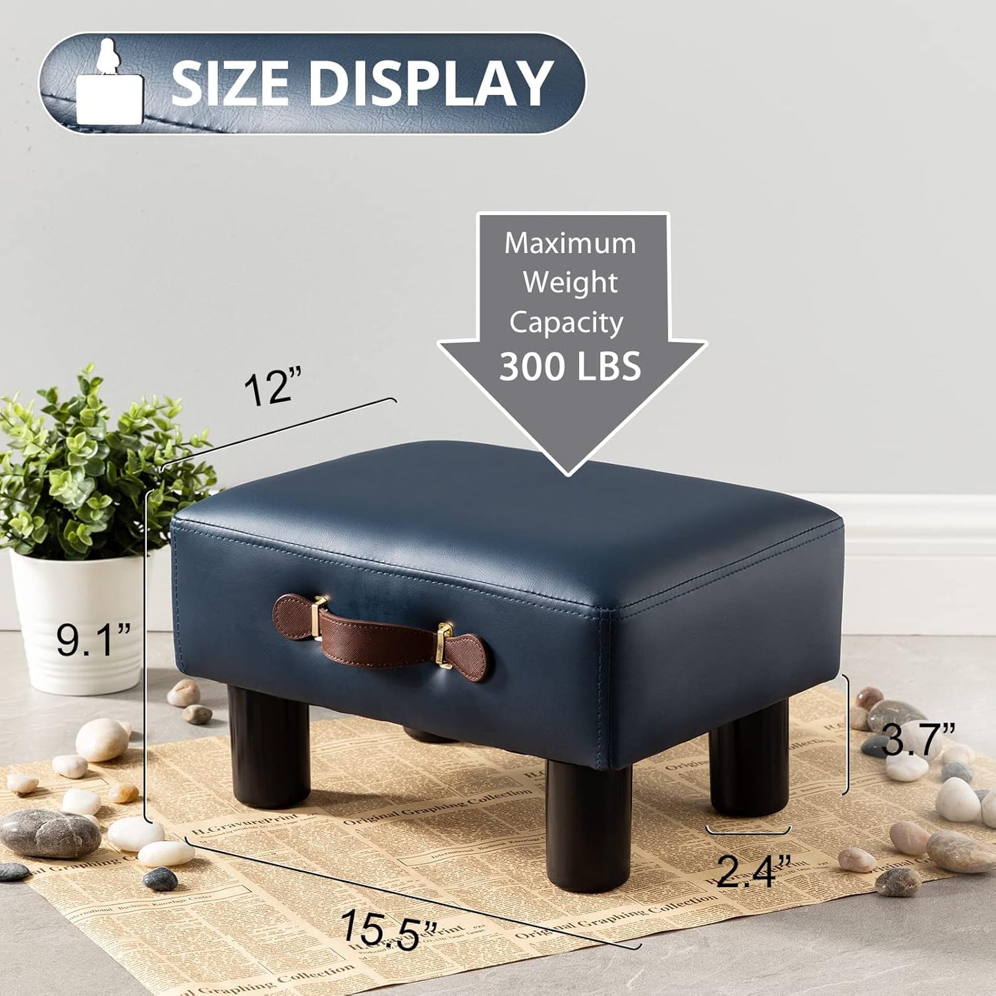 Small Foot Stool with Handle, Blue PU Leather Short Foot Stool Rest, Rectangle Storage Foot Stools Ottoman with Plastic Legs, Padded Footstool Small Step Stool for Living Room, Office, Desk, Patio