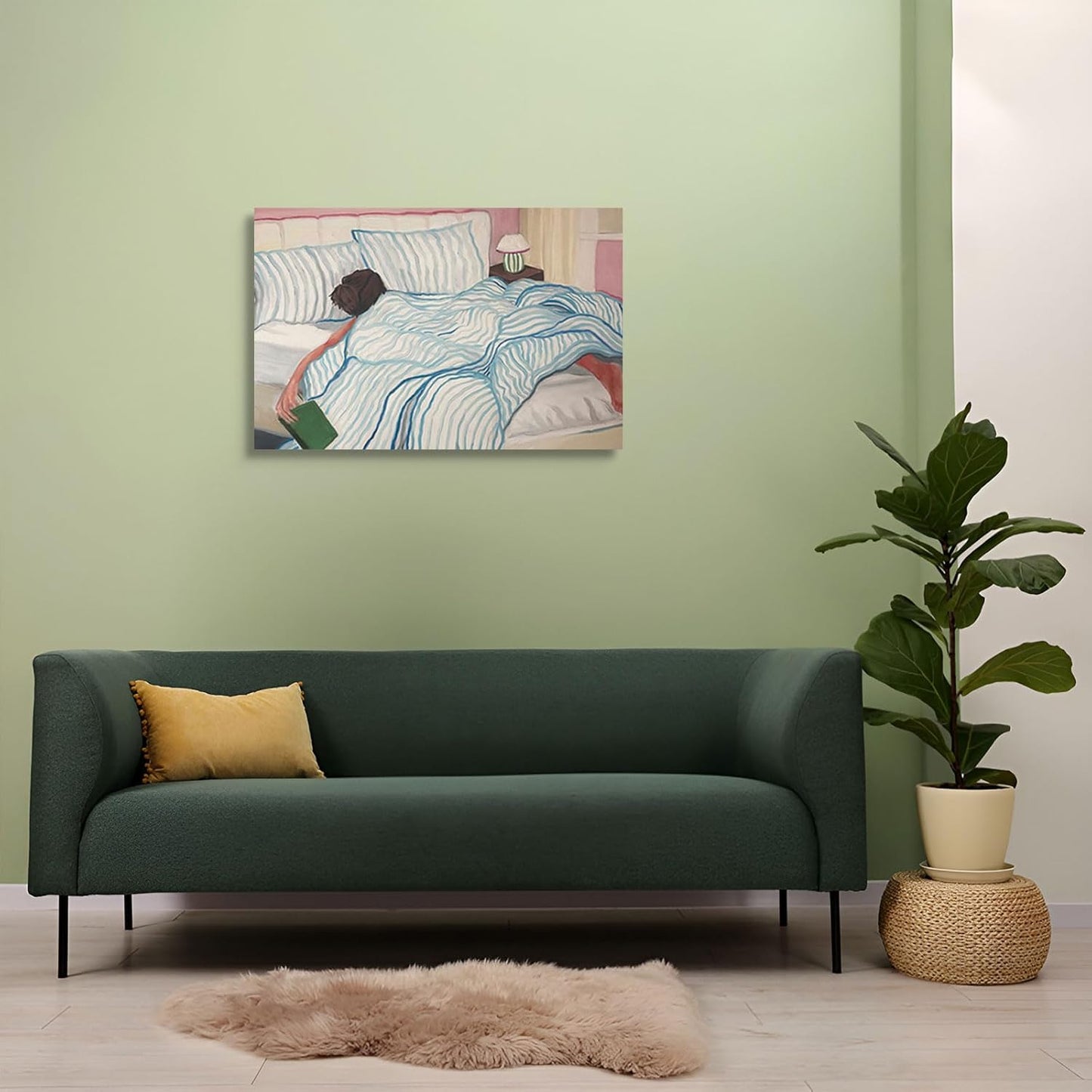 Vintage Serene Bedtime Reading Poster Person Relaxing in Bed with Book Canvas Wall Art Pastel Blue and Pink Aesthetic Prints Painting for Home Bedroom Dorm Wall Decor 12x16in Unframed