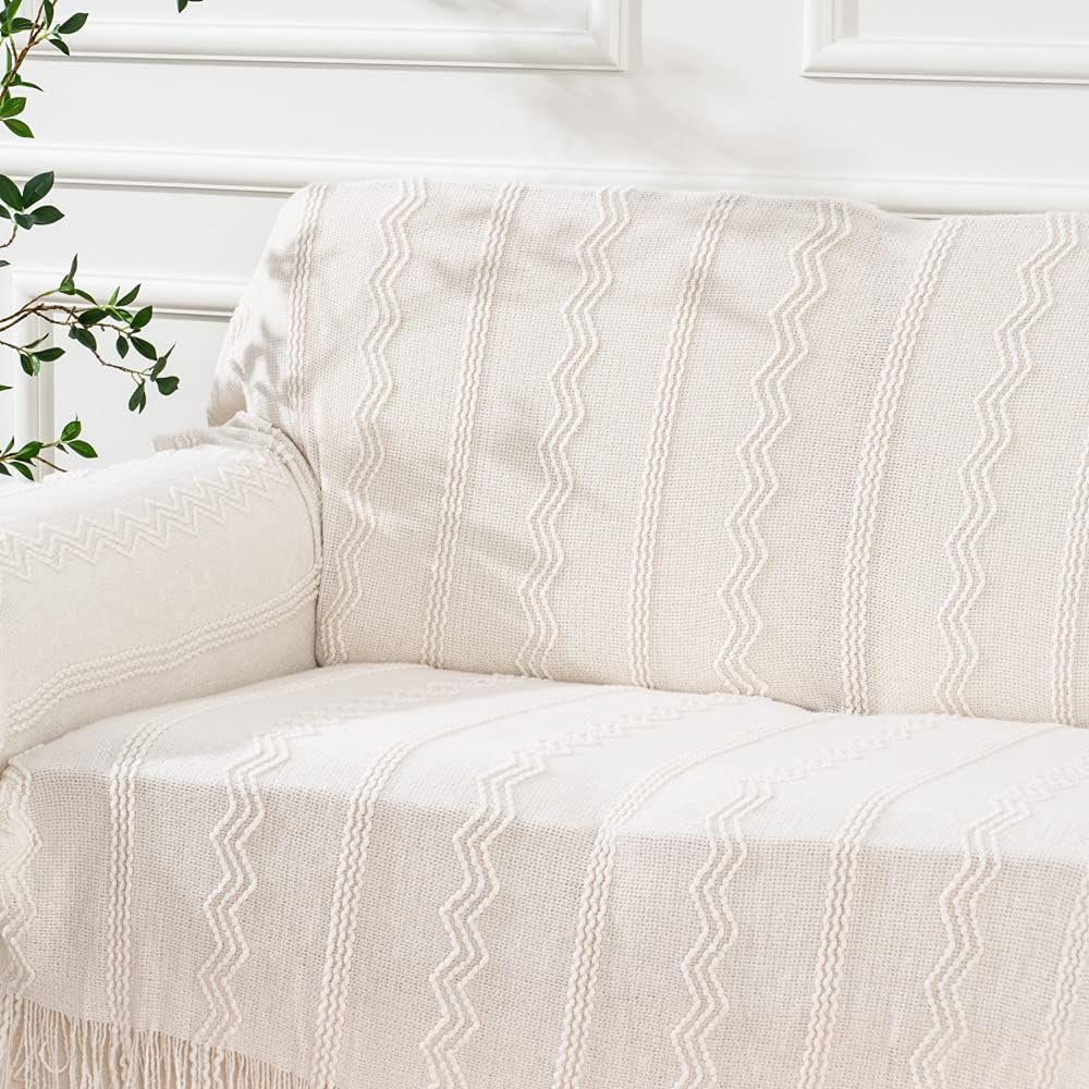 BATTILO HOME Cream Throw Blanket for Couch, Bedroom Decor Boho Throw Blanket, Decorative White Blanket Throw for Sofa Living Room, 50"x60"