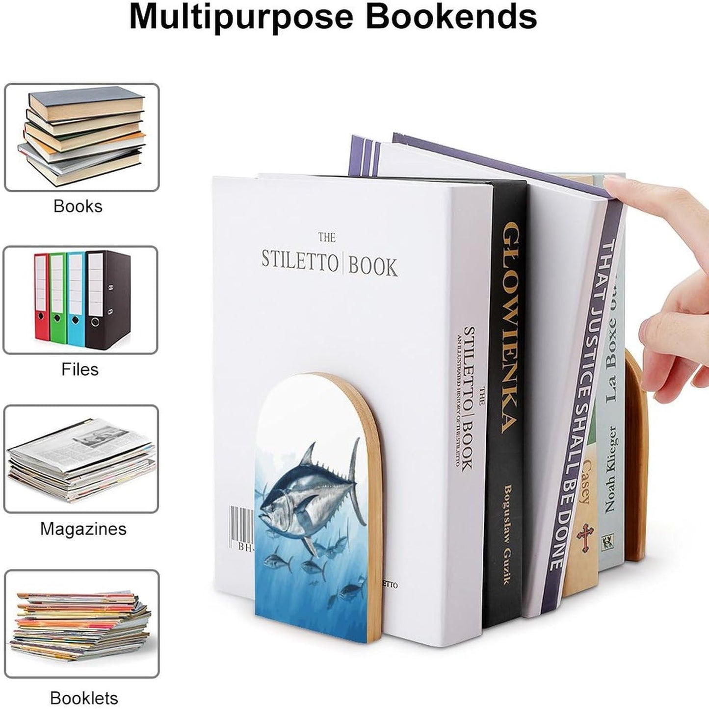 Bluefin Tuna Thunnus Bookends 1 Pair Heavy Duty Book Ends for Shelves Non-Skid Bookend Supports Wooden Book Holders with Metal Base Desk Organizers Books Storage to Hold Books