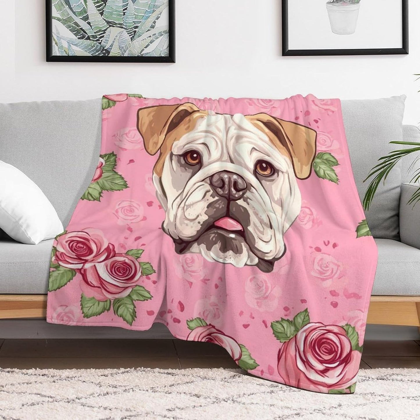 Flower Boston Bulldog Throw Blanket for Couch Bed Plush Cozy Fuzzy Flannel Blanket for All Season 55"x70"