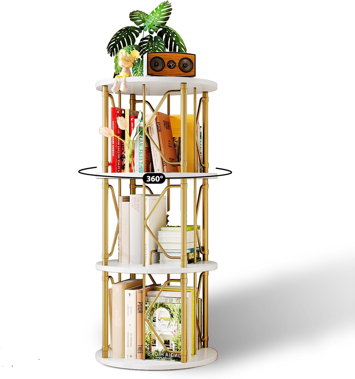 3 Tier Rotating Bookshelf Tower, Revolving Bookcase, 360° Round Spinning Book Shelf, Narrow Swivel Bookshelves Vertical Turning Corner Bookshelf Organizer for Bedroom, Living Room, Gold & White