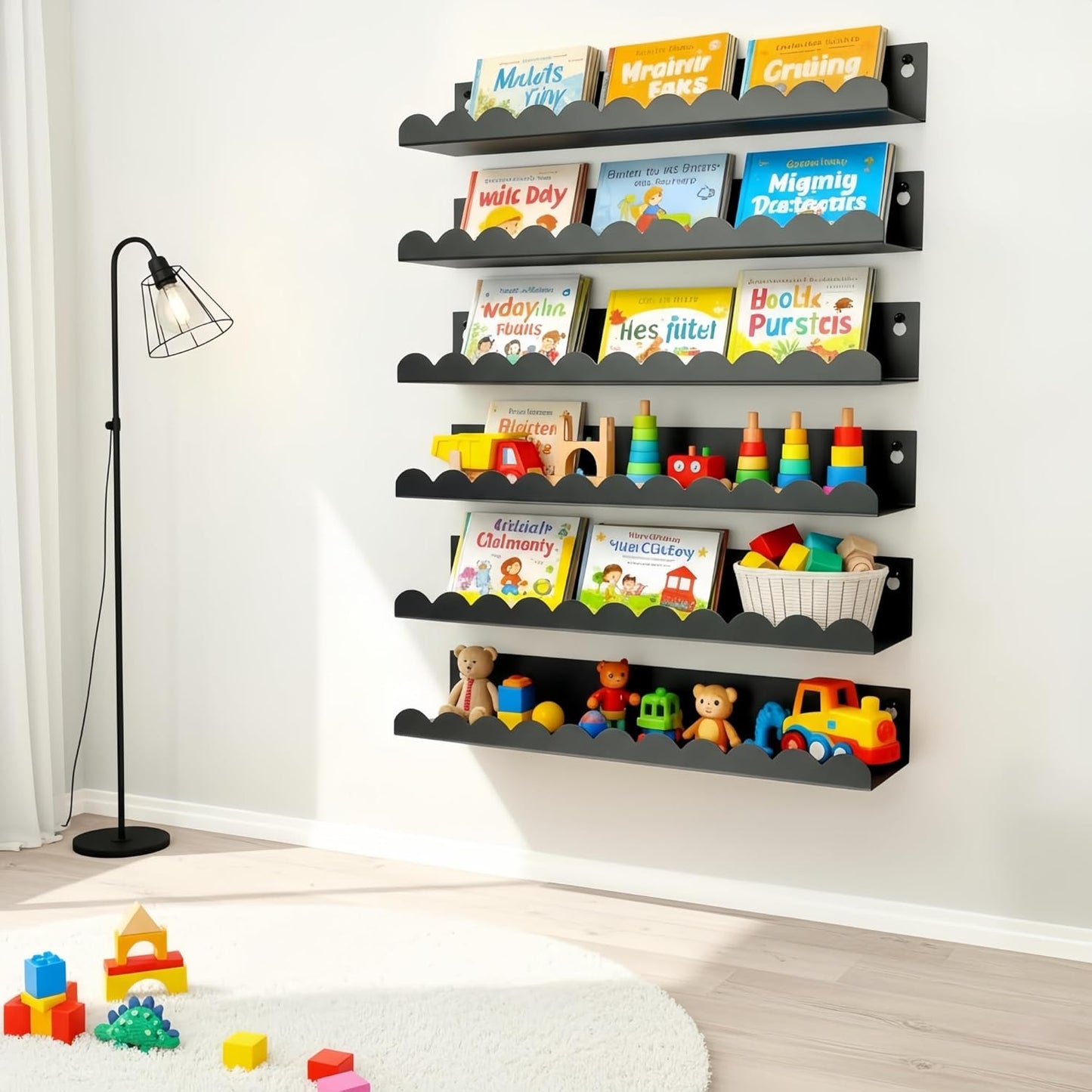 Nursery Book Shelves Set of 6, Black Metal Floating Shelves for Wall, 16 Inch Scalloped Book Shelf for Kids Room, Bathroom, Bedroom, Playroom Wall Decor & Storage