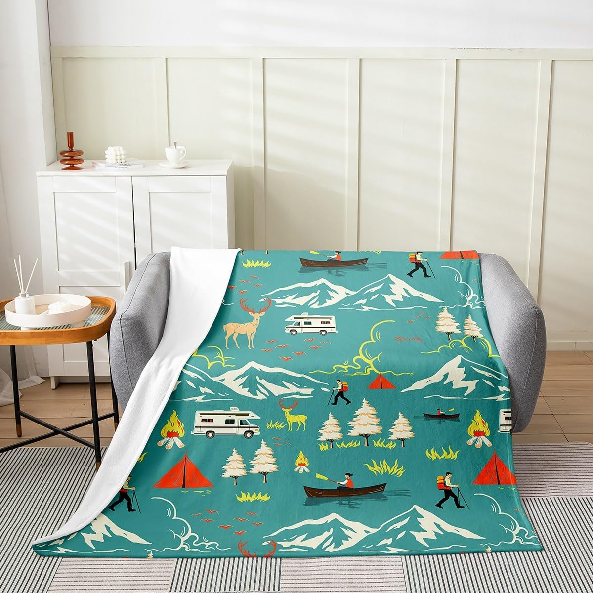 Kids Camping Throw Blanket Twin Size, Farmhouse Camper Car Fleece Blanket, Deer Wild Animals Fuzzy Blanket, Mountain Adventure Flannel Blanket, Firemen Woodland Soft Cozy Plush Bed Blanket, Green
