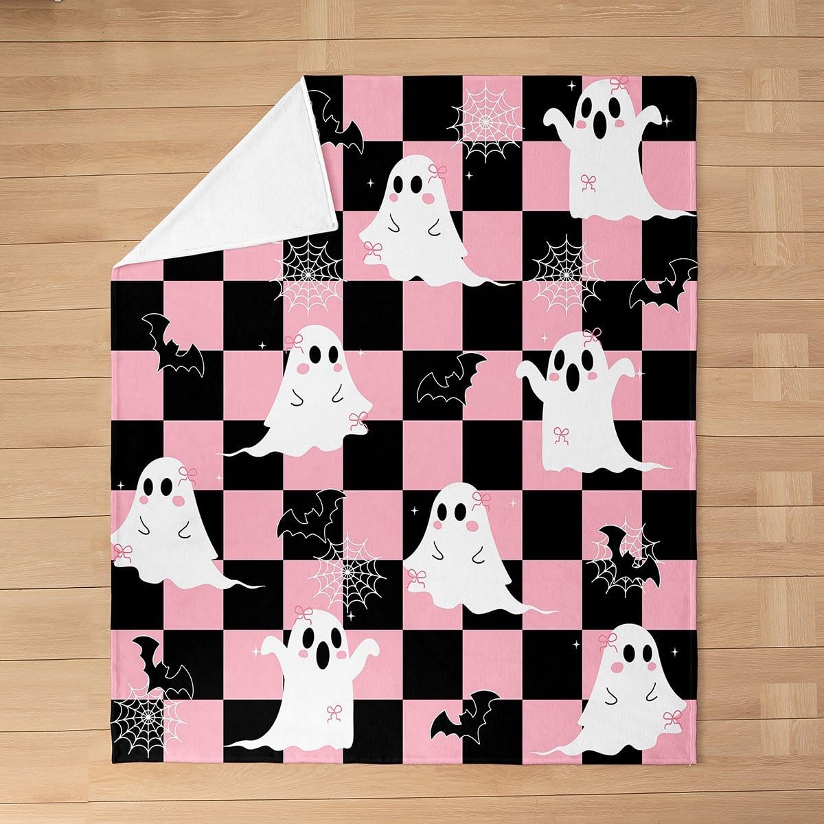 Erosebridal Black Pink Halloween Fleece Blanket Queen 90"x90" Kawaii Bowknot Ghost Flannel Blanket Gothic Spider Web Bat Fuzzy Plush Throw for Kids Boys Girls,Halloween Checkered Decor for Bed Couch