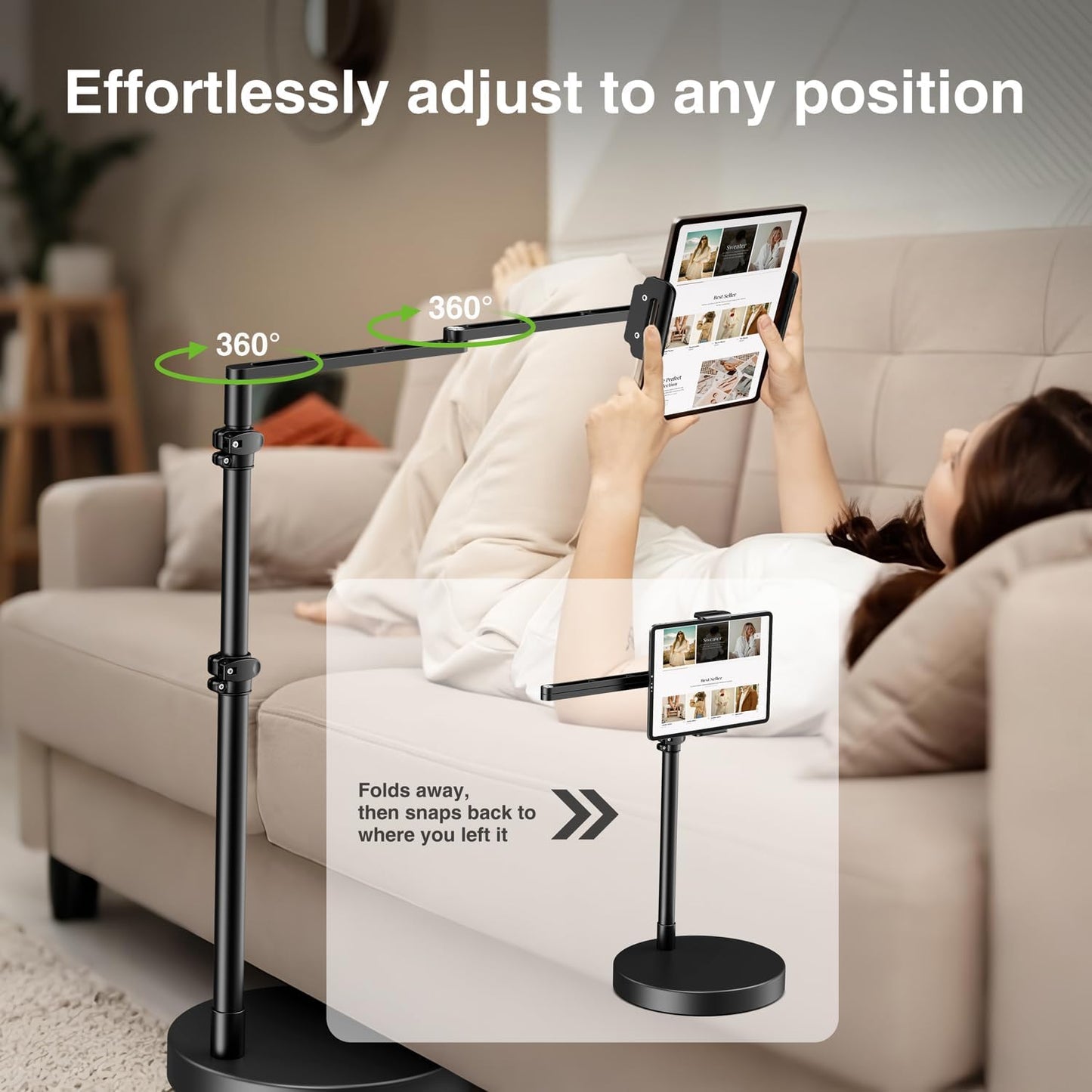 elitehood Adjustable Tablet Floor Stand with Heavy Duty Base, 24in Horizontal Long Arm iPad Floor Stand Holder for Bed Recliner Sofa, Compatible with iPad mini Air Pro 13/12.9 and 4.7-13in Devices