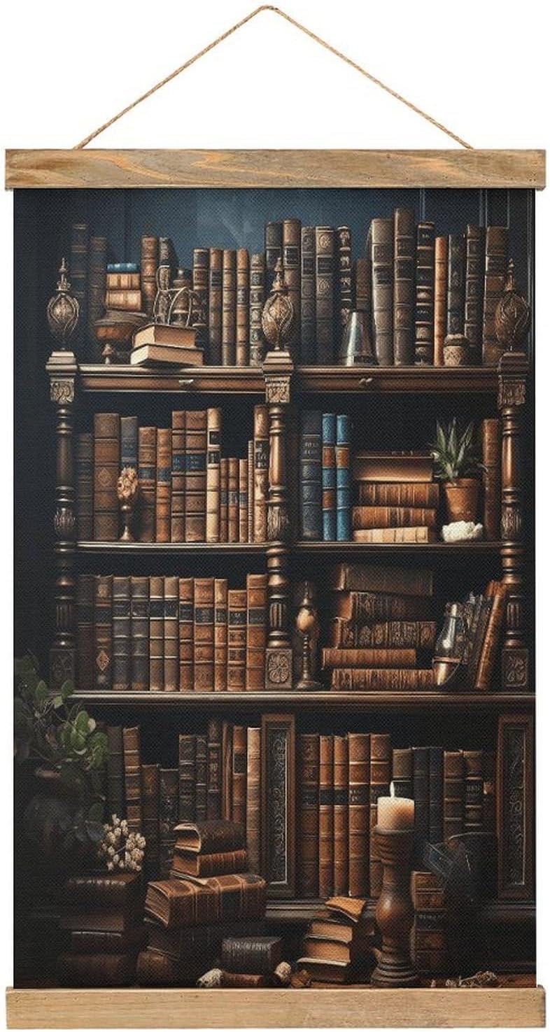 Vintage Books on The Bookshelf Poster with Wooden Frame Personalized Linen Hanging Scroll Painting Rustic Wall Hanging Illustrative Modern Artwork Decor for Home Living Room Bedroom Office