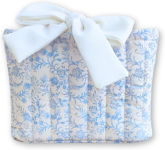 Vintage Floral Book Sleeve with Bow – Bible Cover for Women, Padded Cotton Book Pouch with Velvet Lining – Fits Standard Size Bibles and Books (Blue Vintage, Meduim)