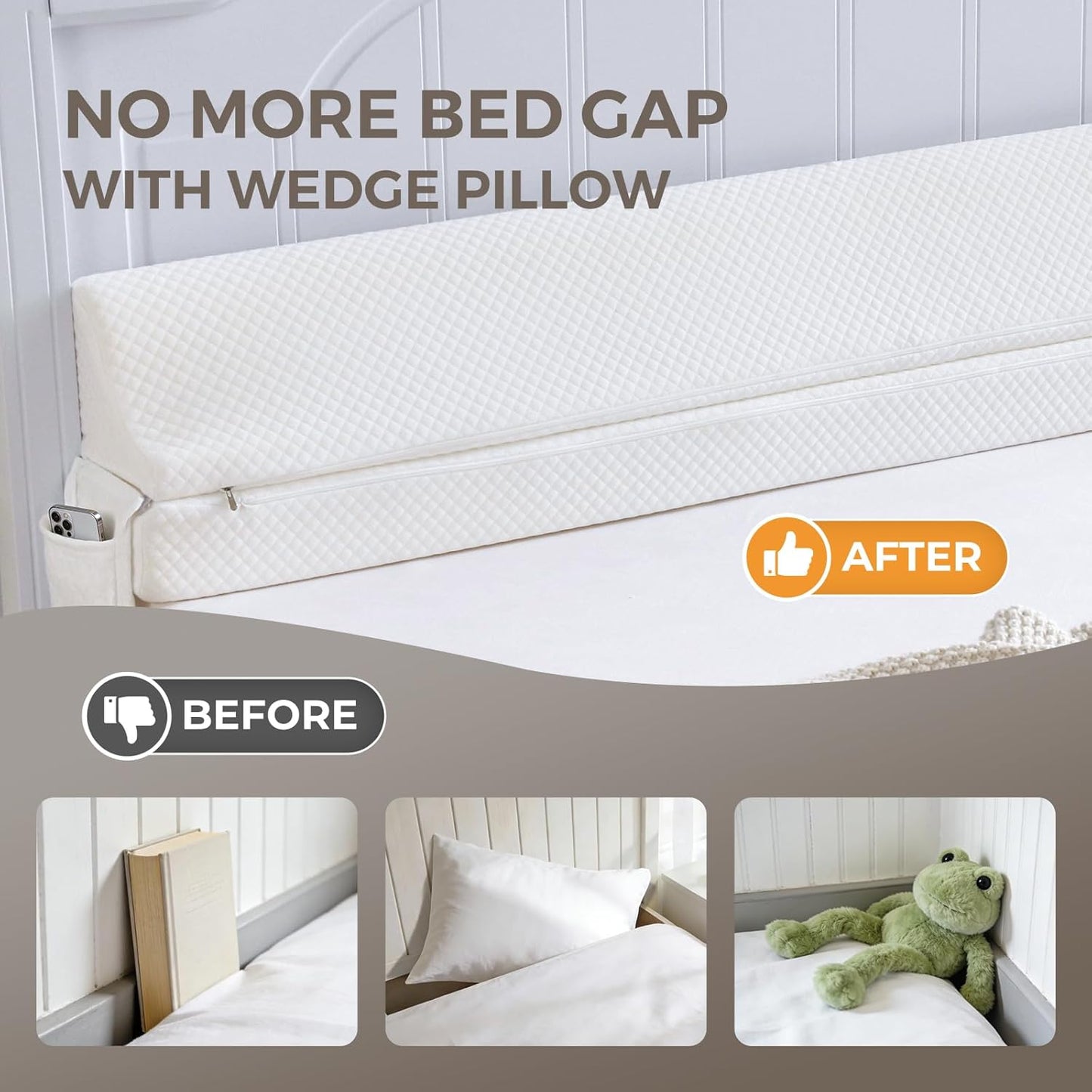 Bed Wedge Gap Filler Queen Size, Wedge Pillow for Headboard Gap, Foldable Mattress Gap Filler Close The Gap (0–7") Between Headboard and Mattress, Bed Crack Pillow, 60×10×6 in, White