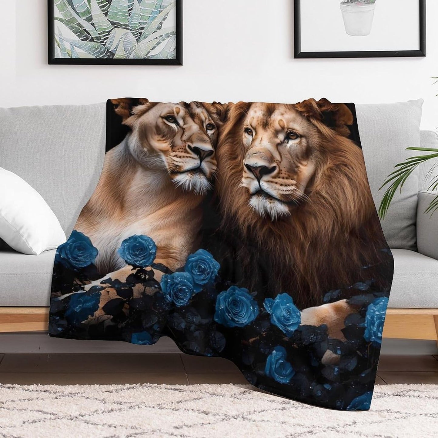 Lion Blue Rose Throw Blanket for Couch Bed Plush Cozy Fuzzy Flannel Blanket for All Season 40"x50"