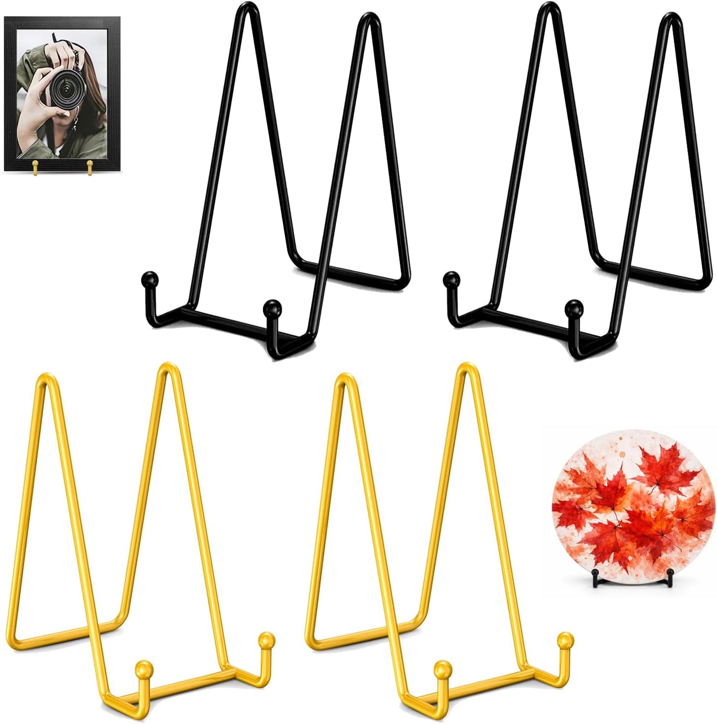 Plate Stands for Display 4 PCS - 6 Inch Plate Holder Display Stand + Metal Frame holder stand for Picture, Decorative Plate, Book, Photo Easel Golden Black(4 Pack, 2Color).