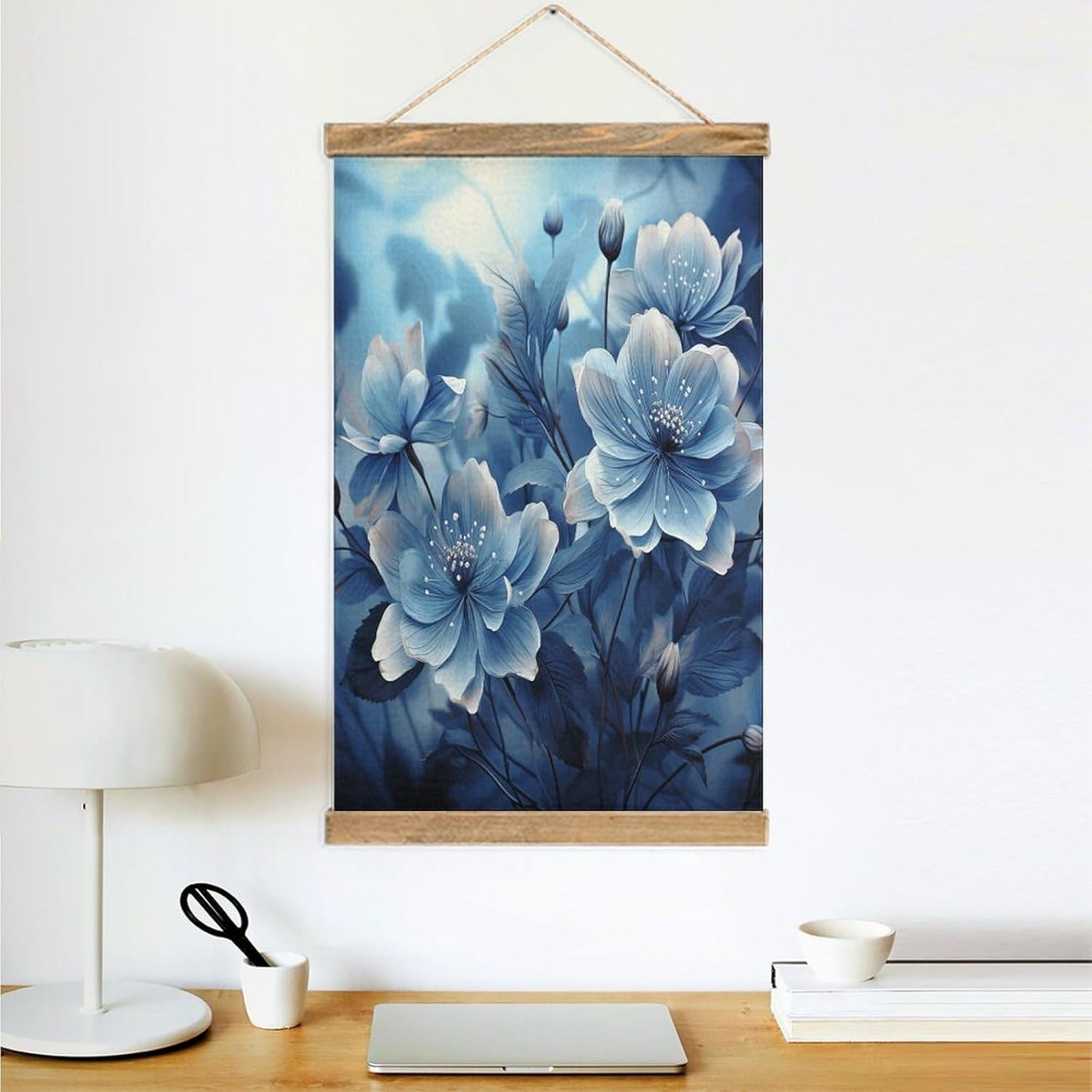 Vintage Blooming Blue Flowers Poster with Wooden Frame Personalized Linen Hanging Scroll Painting Rustic Wall Hanging Illustrative Modern Artwork Decor for Home Living Room Bedroom Office