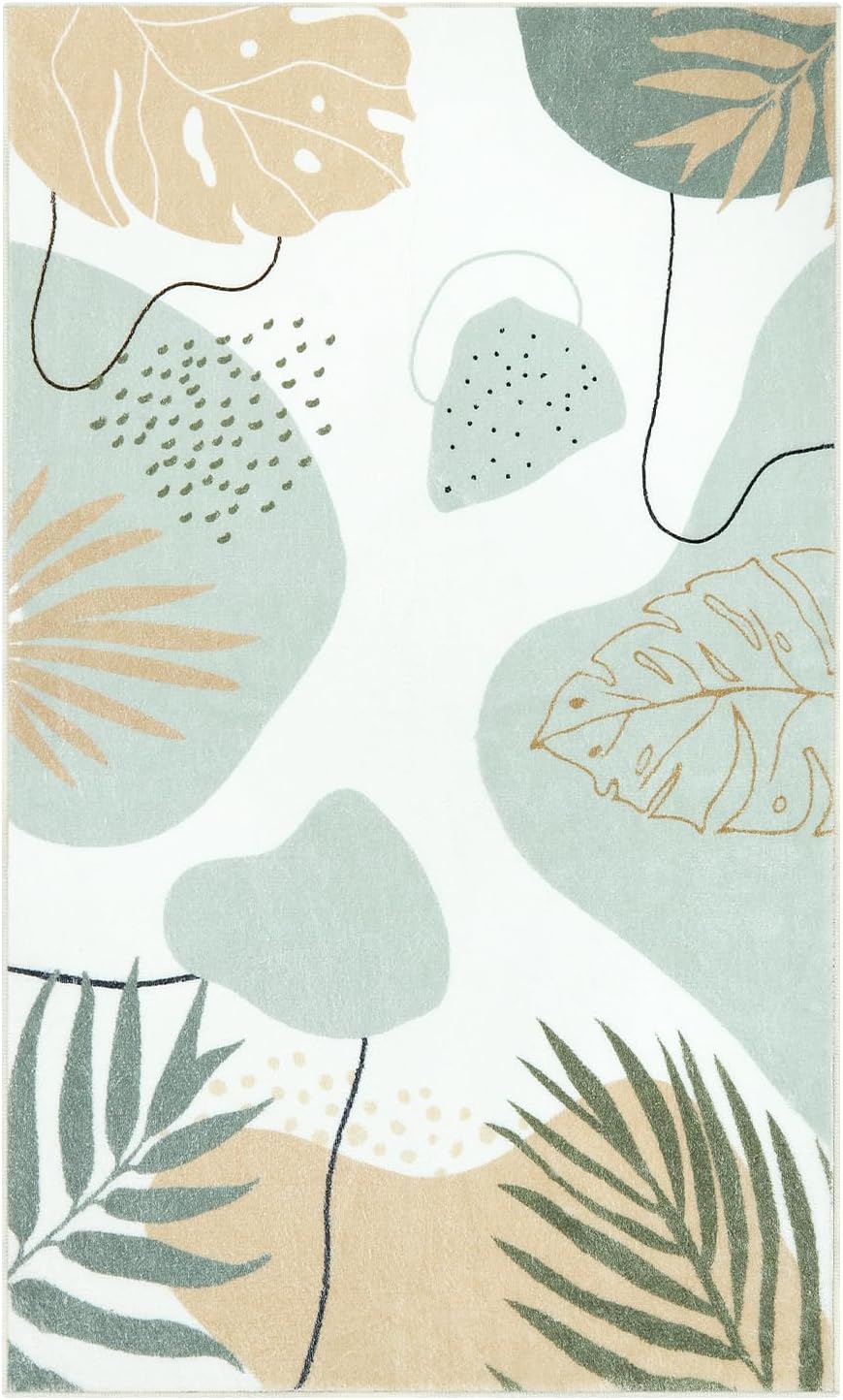 Seavish Boho Area Rugs for Bedroom Aesthetic 3x5 Green Abstract Rugs for Living Room Soft Botanical Print Kids Nursery Playroom Rug Mid Century Modern Leaf Rug for Entryway Office Classroom Dorm