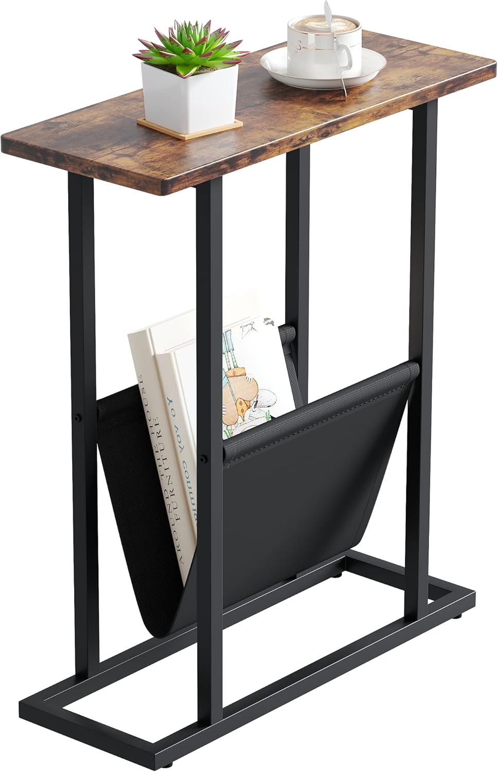 Yusong Narrow Side Table for Small Spaces, Small End Table with Magazine Holder, Skinny Slim Little Thin Table for Living Room, Bedroom, Sofa, Rustic Brown