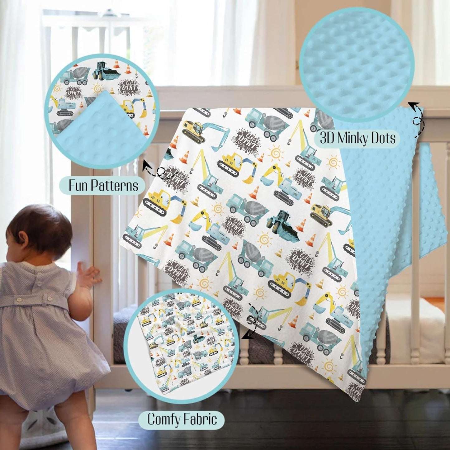 Mink Baby Boy Blankets Blue Yellow Construction Vehicle, A Little Dirt Never Hurt Double Layer Dotted Backing Receiving Swaddle, Newborn Infant Toddler Nursery Crib Bedding Shower Gift 30 x 40