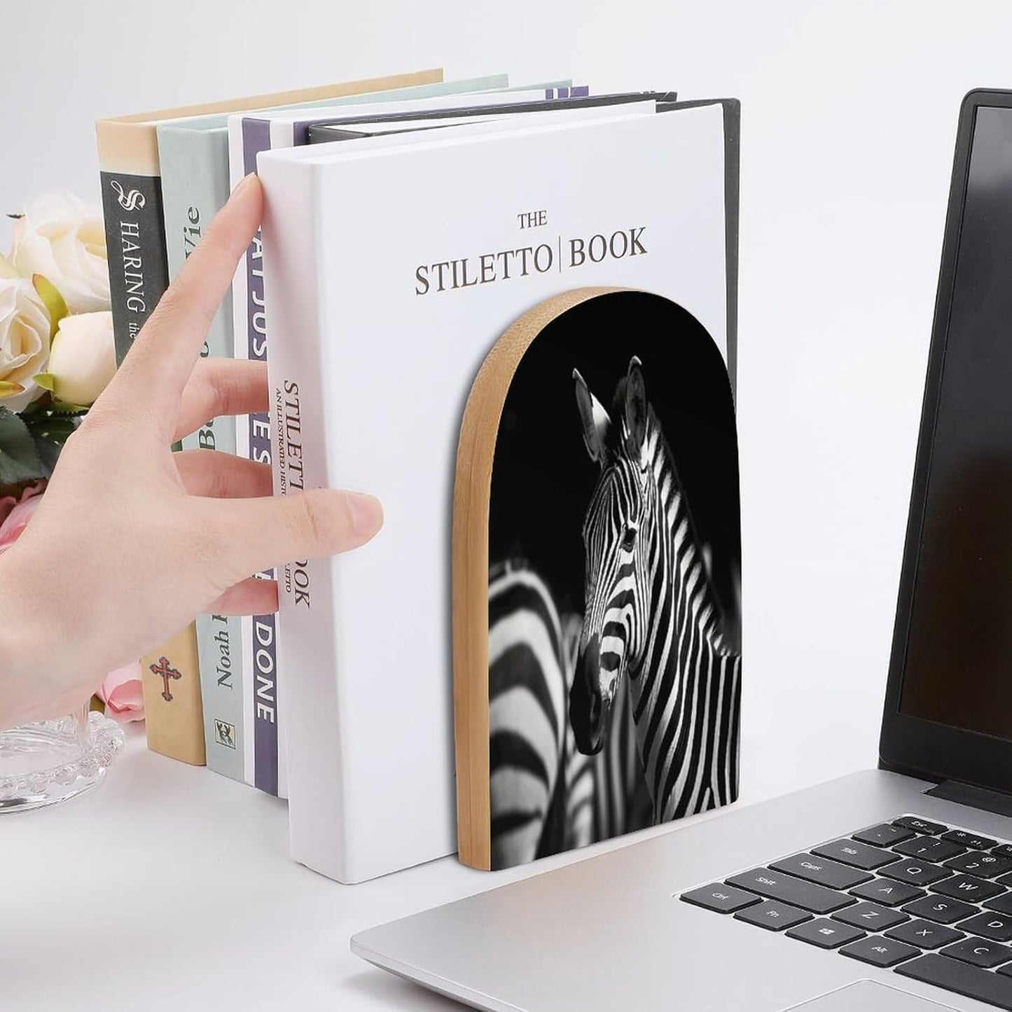 Black & White Zebra Bookend for Shelves Wooden Book End Large Size Sturdy Book Holders Stoppers with Metal Base for Bookshelves Slick Decorative Bookends Stands