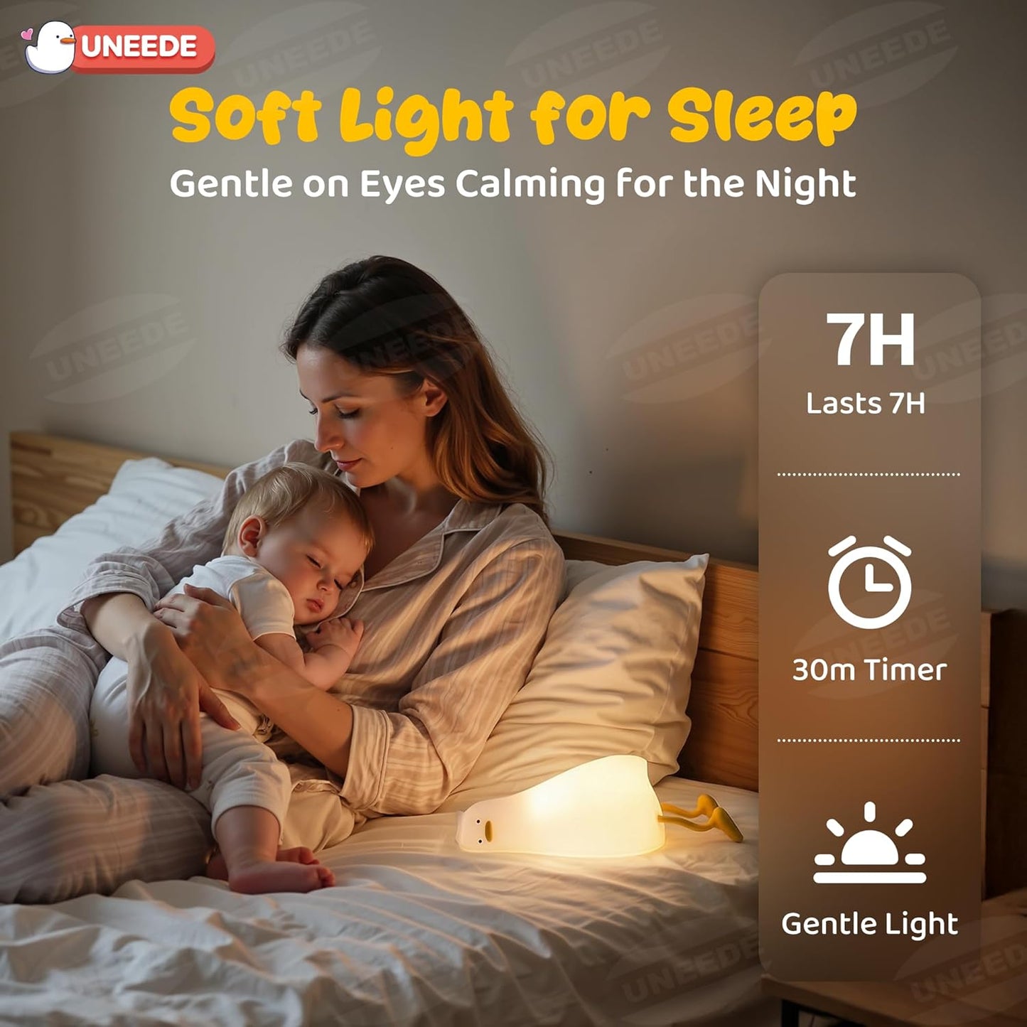 UNEEDE Lying Flat Duck Lamp, 3 Level Dimmable Rechargeable Silicone Night Light, Benson Duck Cute Squishy Touch Sensor Bedside Lamp for Nursery, Breastfeeding, Kids Room Decor