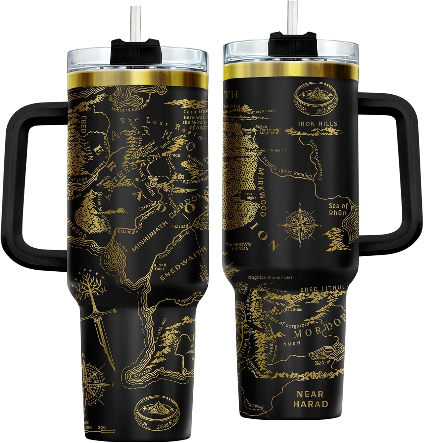 Fantasy Map Laser Engraved Tumbler 40oz Stainless Steel with Handle and Straw Epic Bookish Travel Cup Gold Engraving Gift for Fantasy Lovers Men Women
