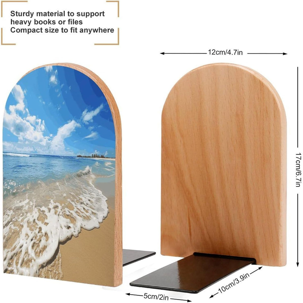 Sea and Beach Wooden Bookend Non-Slip Book Ends Heavy Duty Book Stopper with Metal Base Books Holderd Decorative Bookends Stands Firmly for Office Supplies