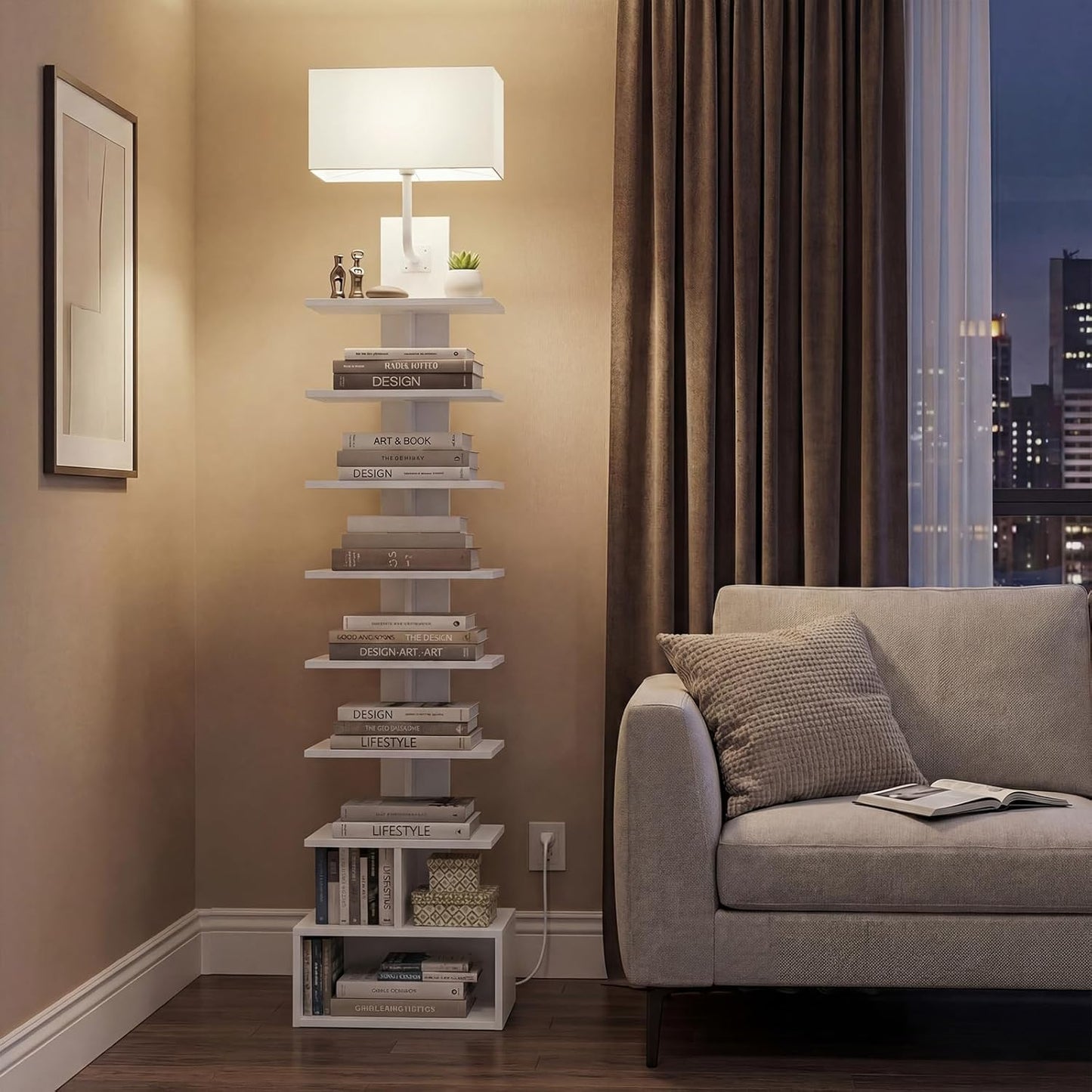 HOOBRO Narrow Bookshelf, 9-Tier Lamp Bookshelf with Light, Spine Book Shelf for Small Apartment, Tall Floor Standing Book Organizer, for Living Room, Office, Bedroom, White WW09DSJ01