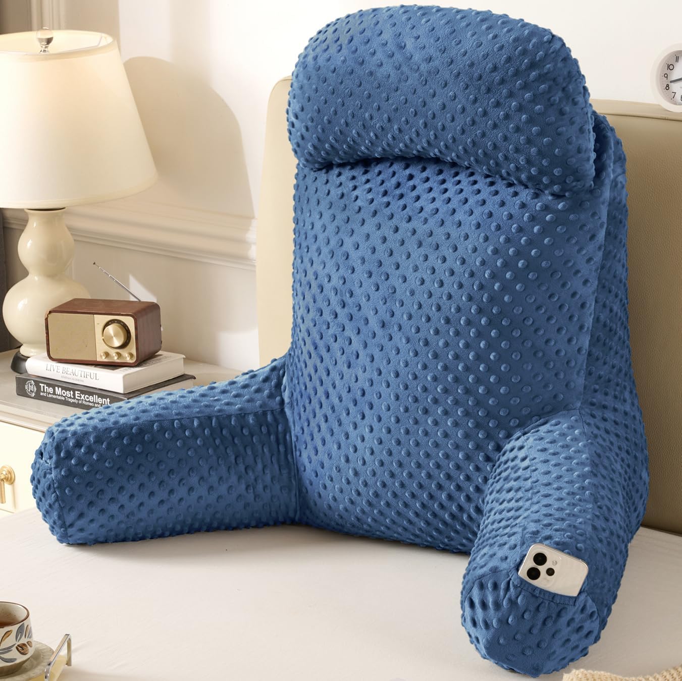 Reading Pillow for Sitting in Bed Couch Adult, Back Pillow for Bed Sitting Up, Back-Rest Support Cushion with Pockets and Arms, Watching TV, Relaxing, Reading, Navy Blue