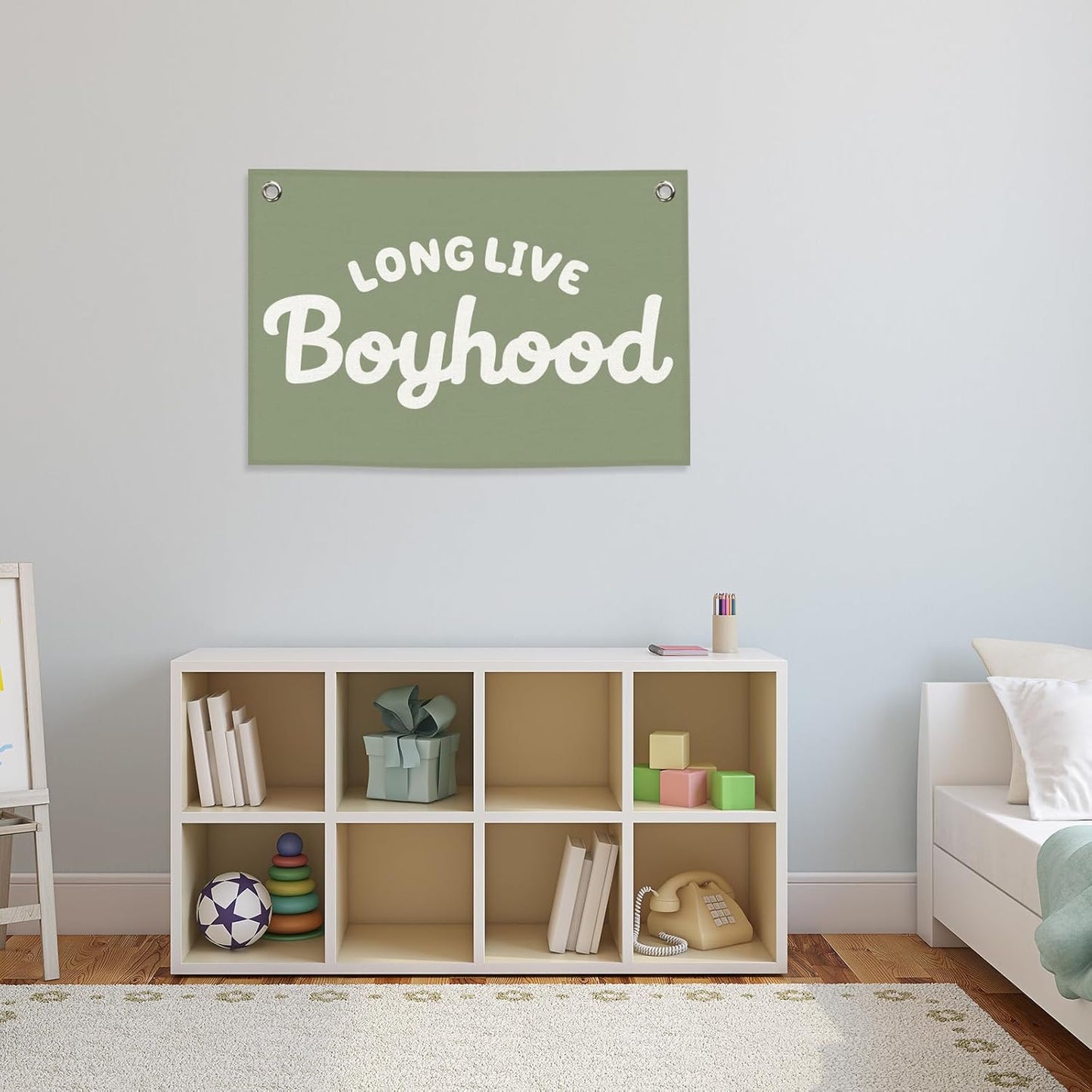 Long Live Boyhood Kids Banner Canvas, Green Boys Toddler Room Decor, Playroom Hanging Flag Sign, Nursery Wall Tapestry Art for Baby Shower Classroom Bedroom Decor 20x30in