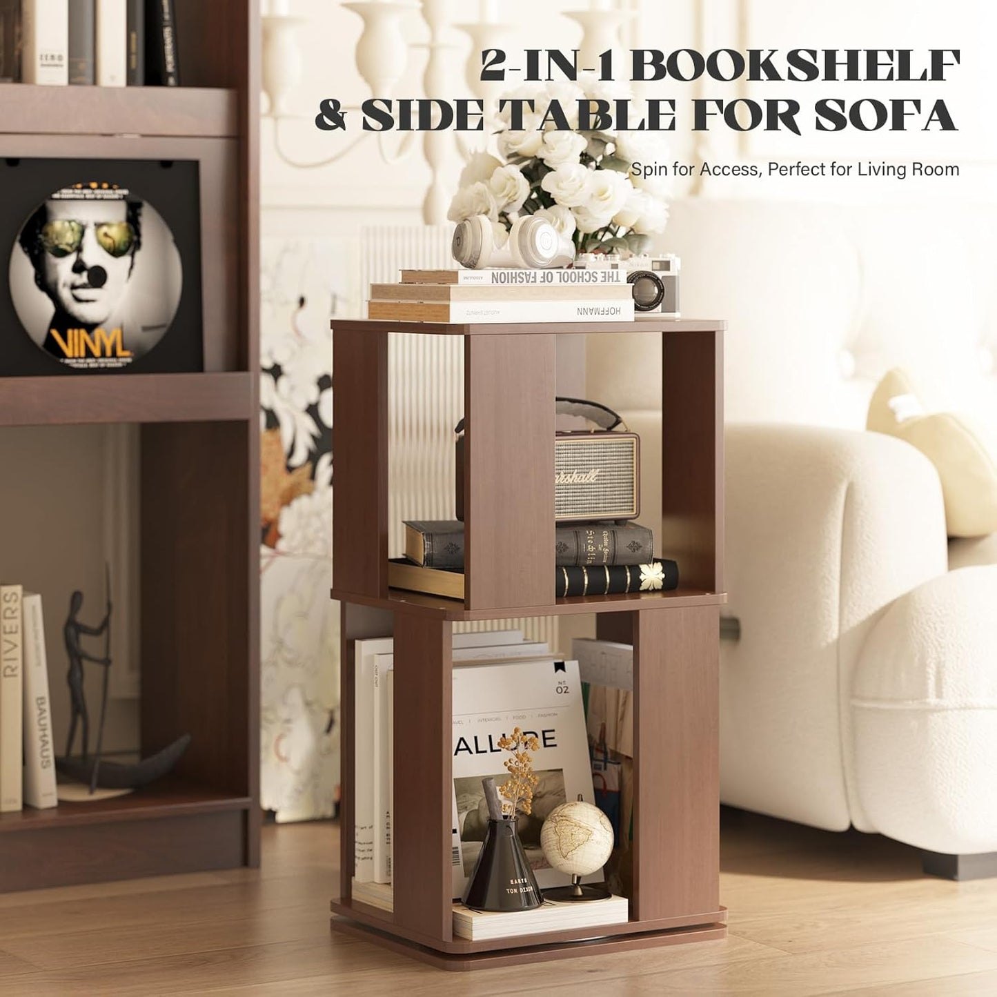 Easyego 2 Tier Solid Wood Rotating Bookshelf, 360° Upgrade Spinning Book Shelf, Revolving Bookcase Organizer, Swivel Bookshelves for Small Spaces, Corner, Bedroom, Kids Room, Office (Walnut)