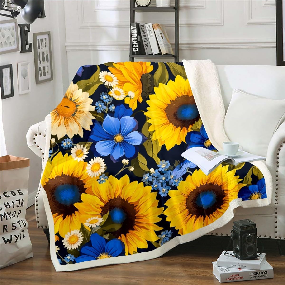 Feelyou Flower Fleece Throw Blanket Twin 60"x80" Kids Sunflower Plush Blanket for Boys Girls Teens Botanical Floral Print Sherpa Blanket Country Rustic Farmhouse Fuzzy Blanket